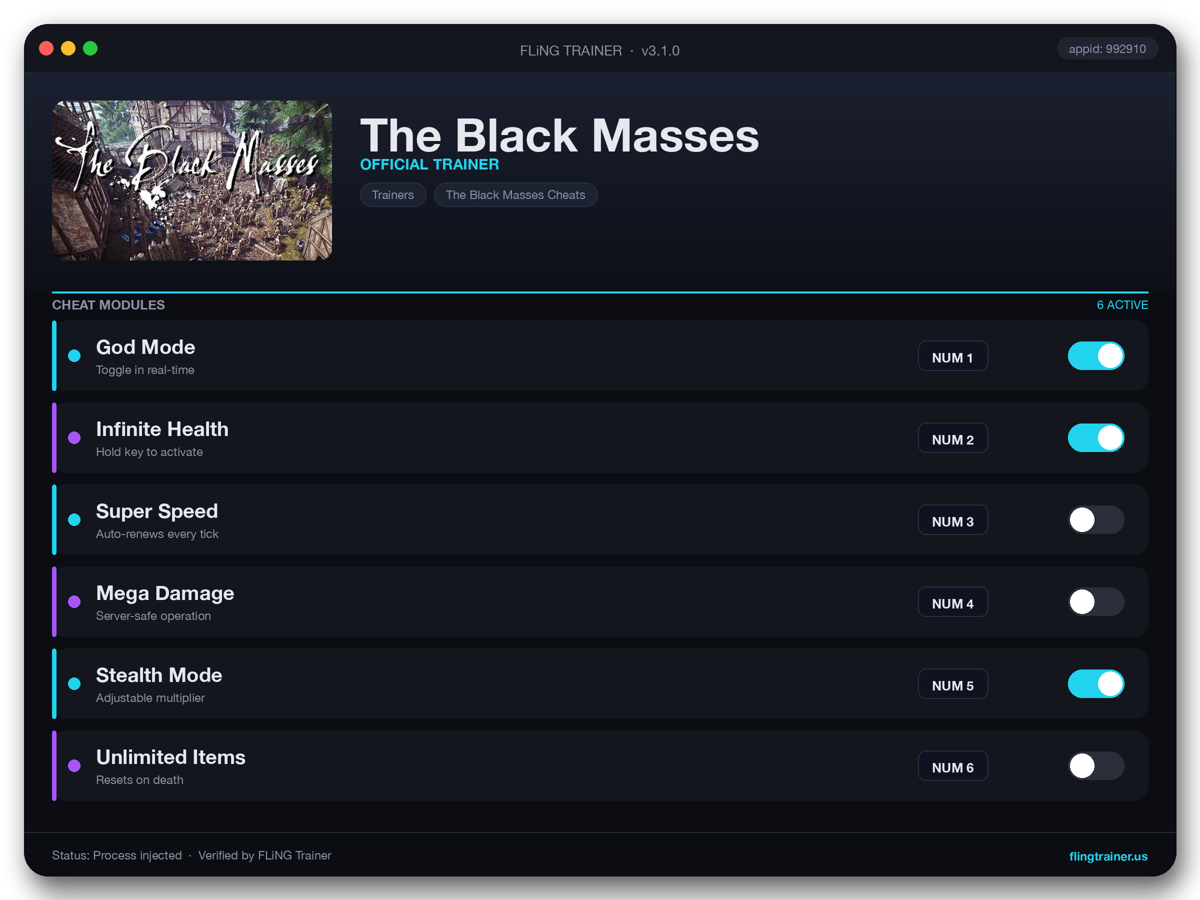 The Black Masses Trainer interface