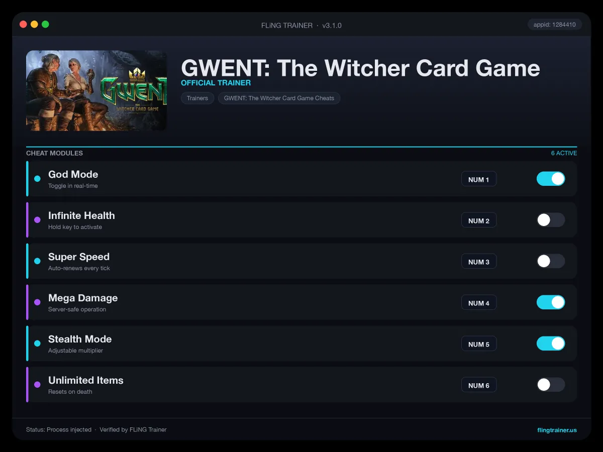 GWENT: The Witcher Card Game Trainer interface