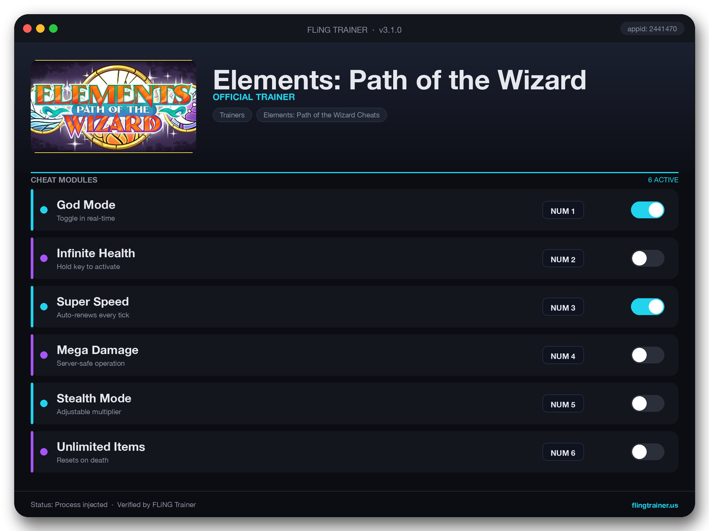 Elements: Path of the Wizard Trainer interface