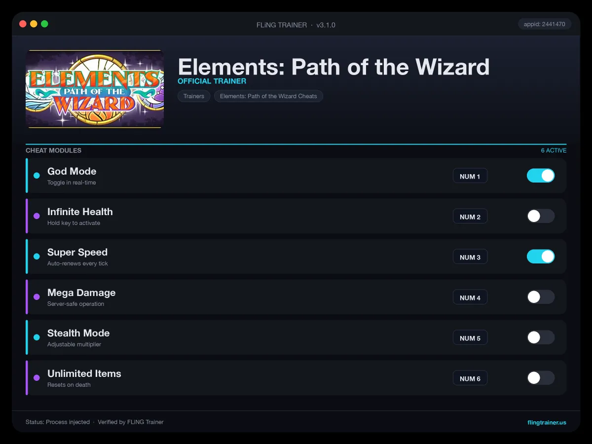 Elements: Path of the Wizard Trainer interface