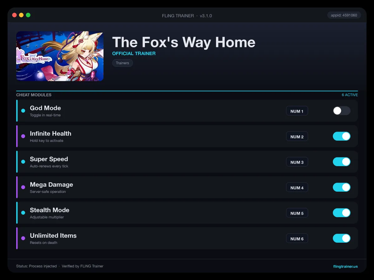The Fox's Way Home Trainer interface