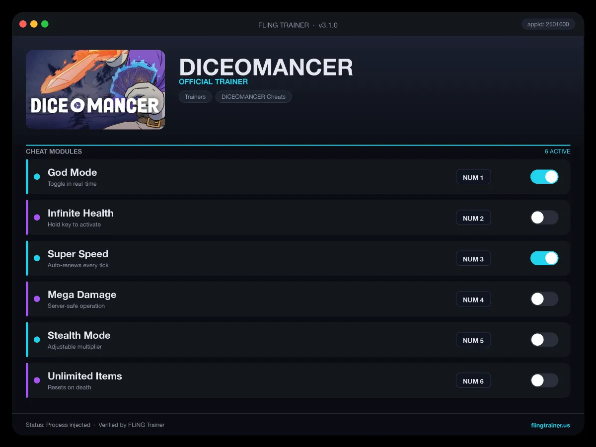DICEOMANCER Trainer interface