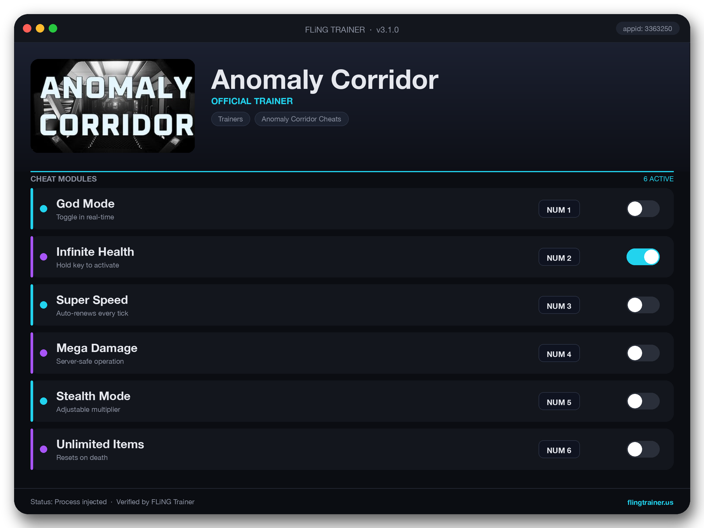 Anomaly Corridor Trainer interface