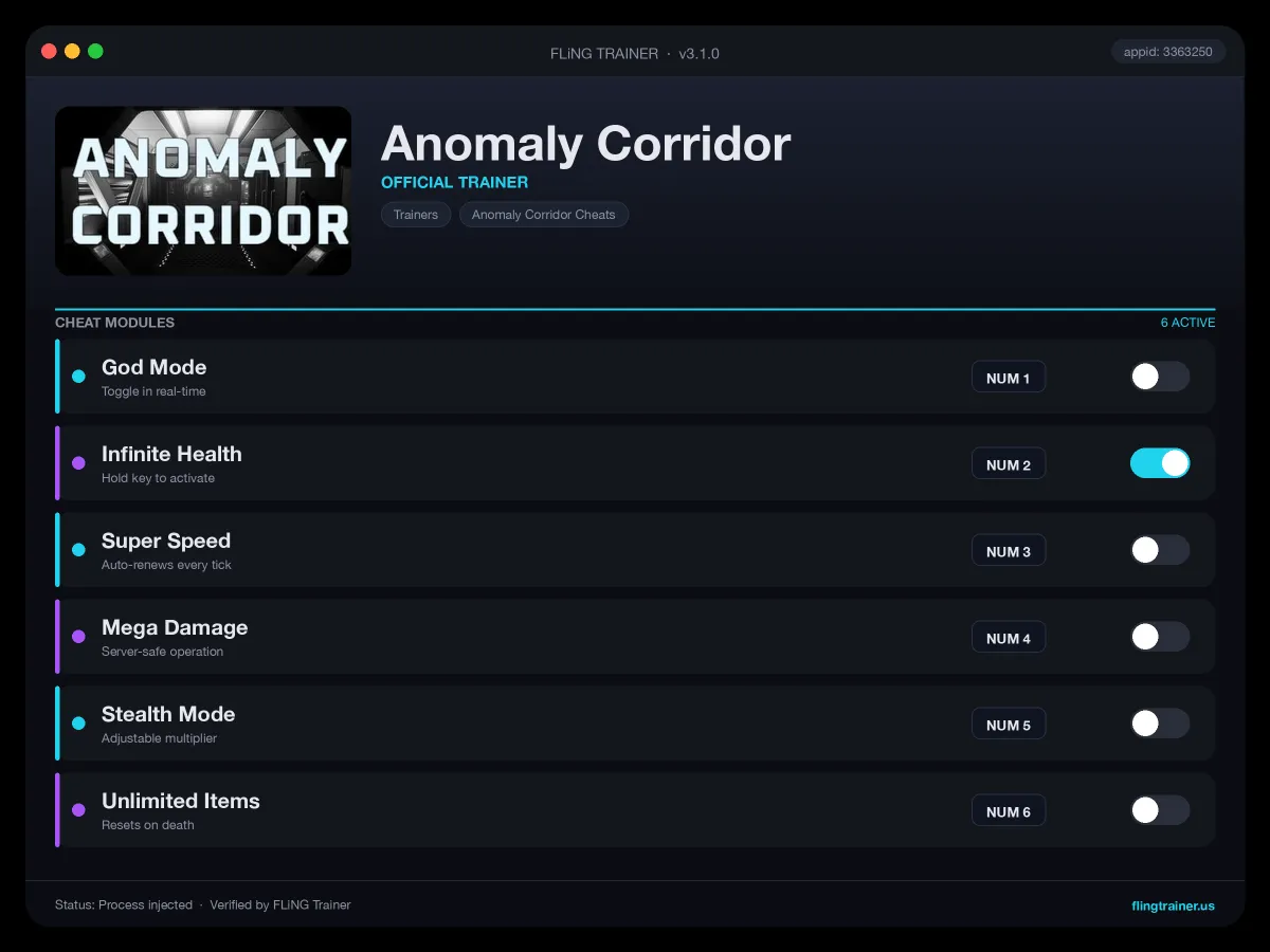 Anomaly Corridor Trainer interface