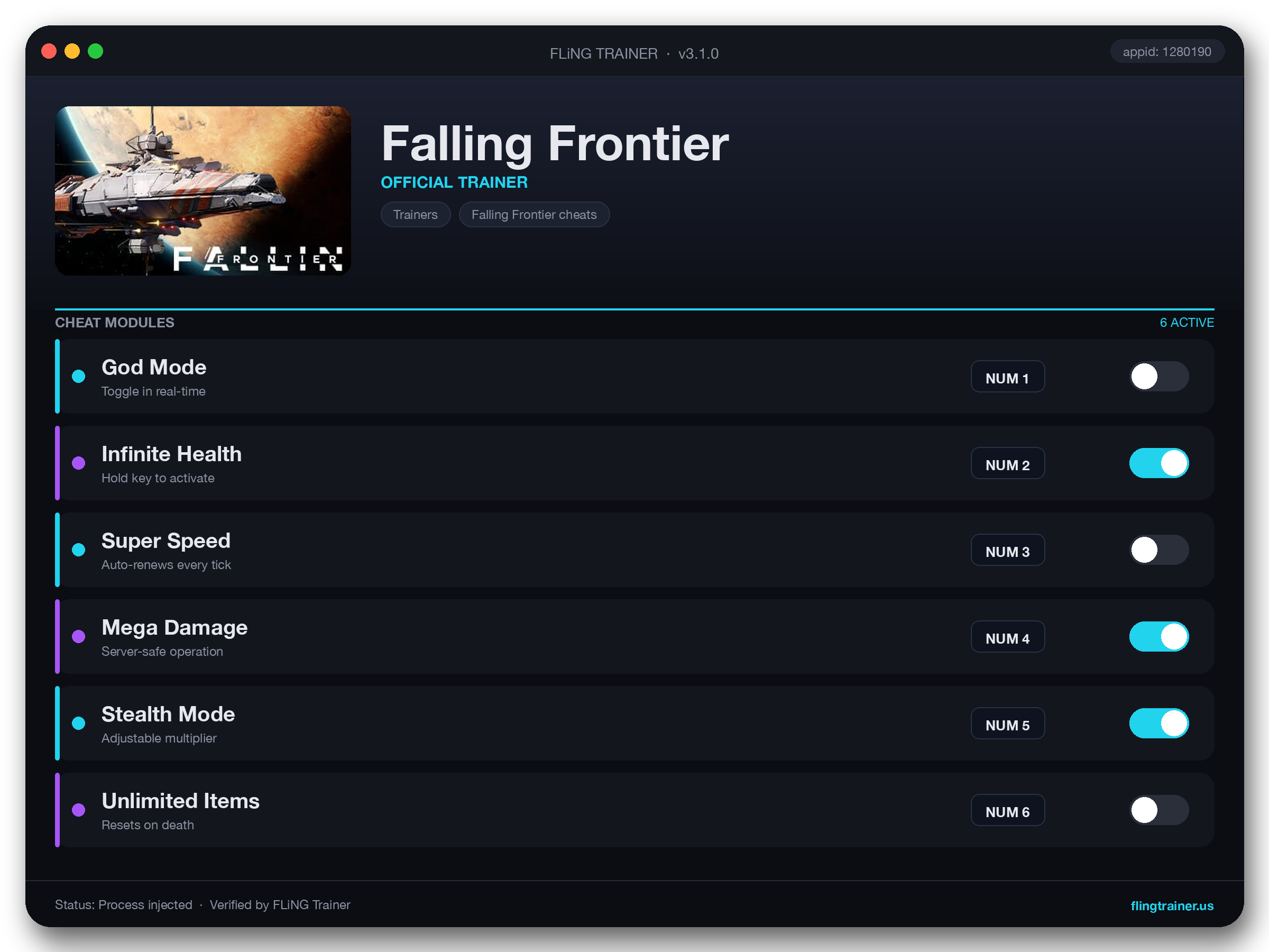 Falling Frontier Trainer interface