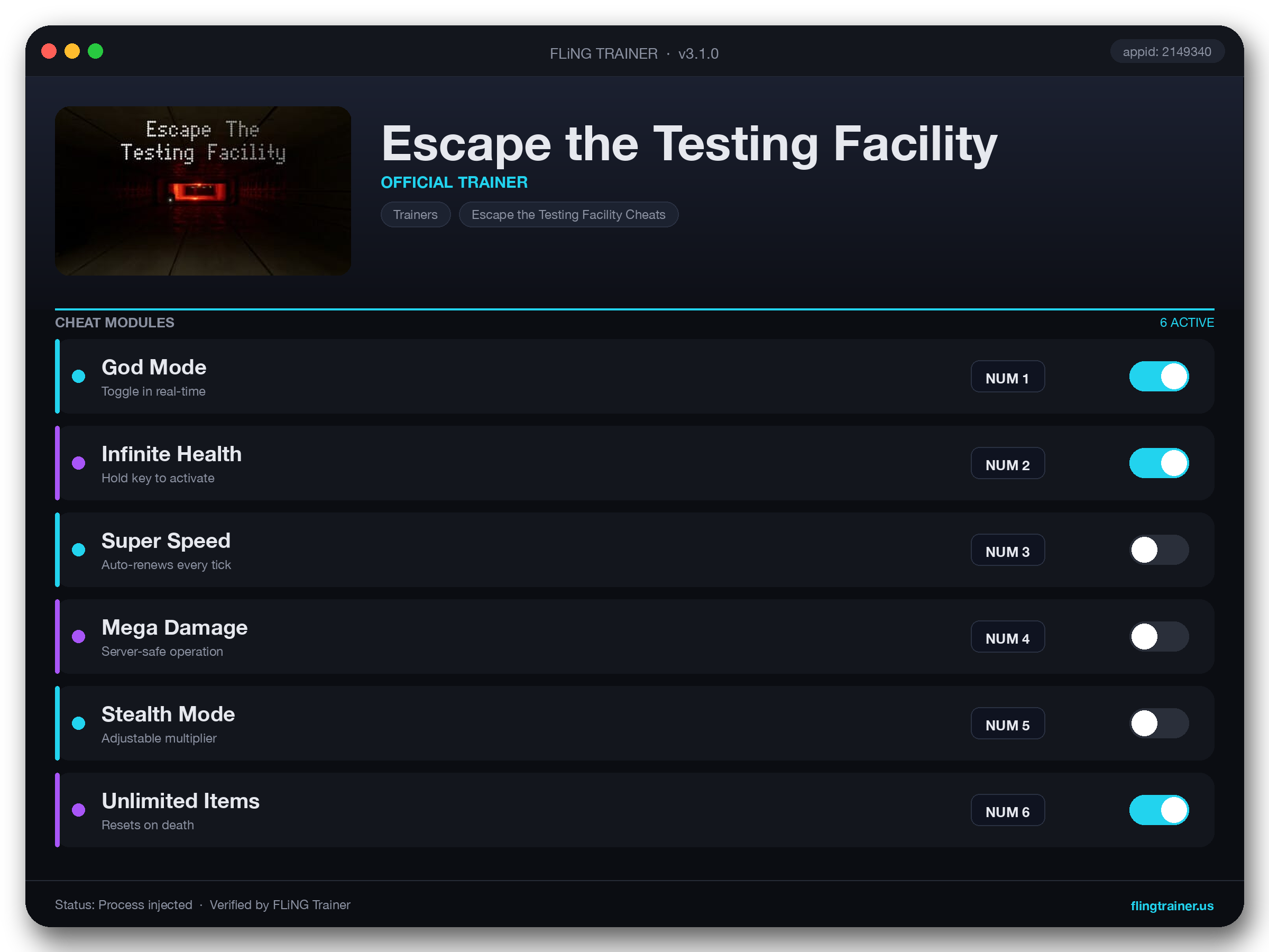 Escape the Testing Facility Trainer interface
