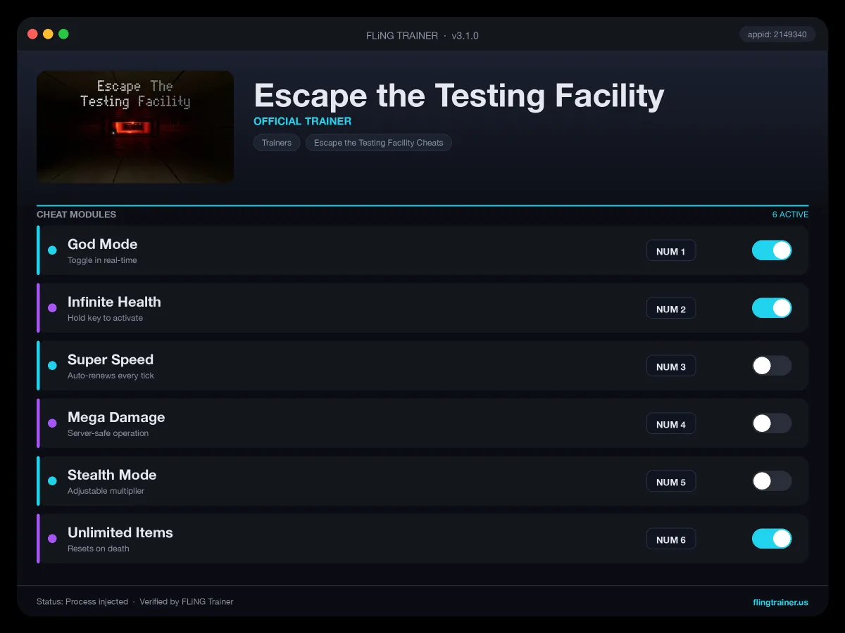 Escape the Testing Facility Trainer interface