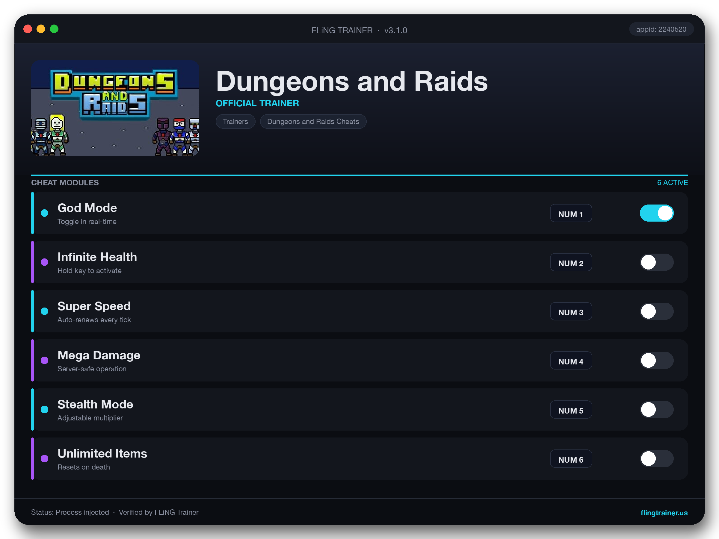 Dungeons and Raids Trainer interface