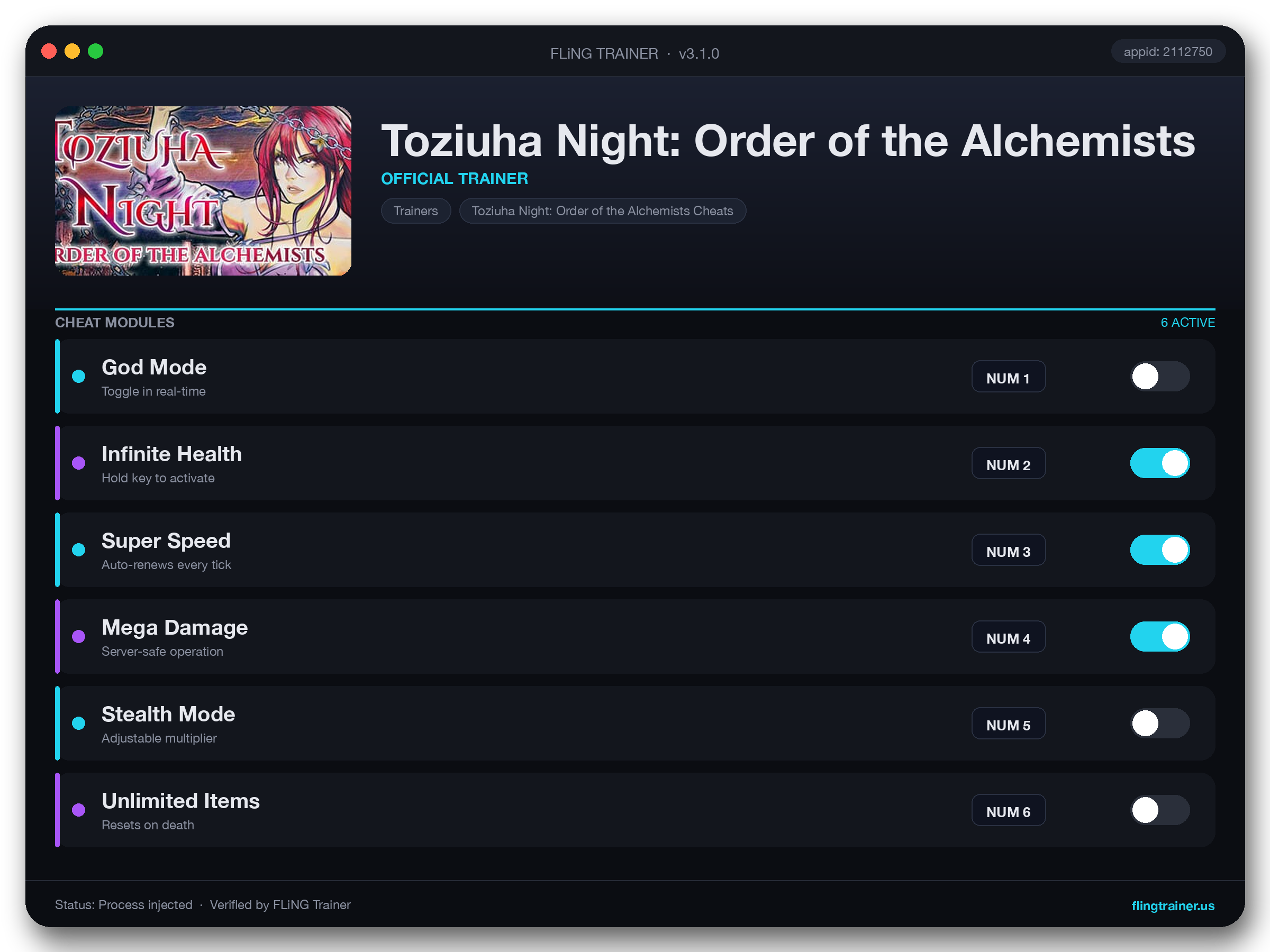 Toziuha Night: Order of the Alchemists Trainer interface