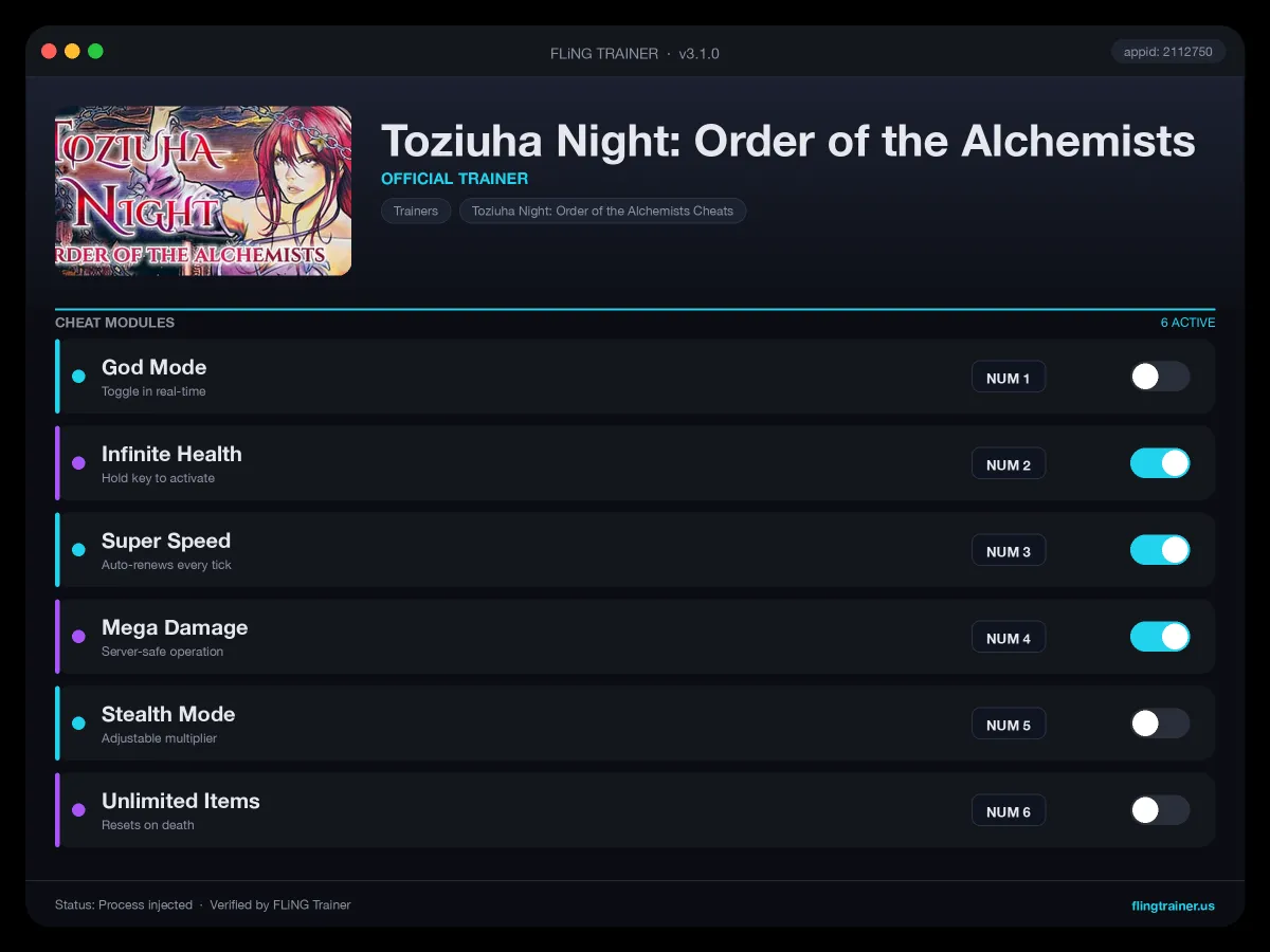 Toziuha Night: Order of the Alchemists Trainer interface