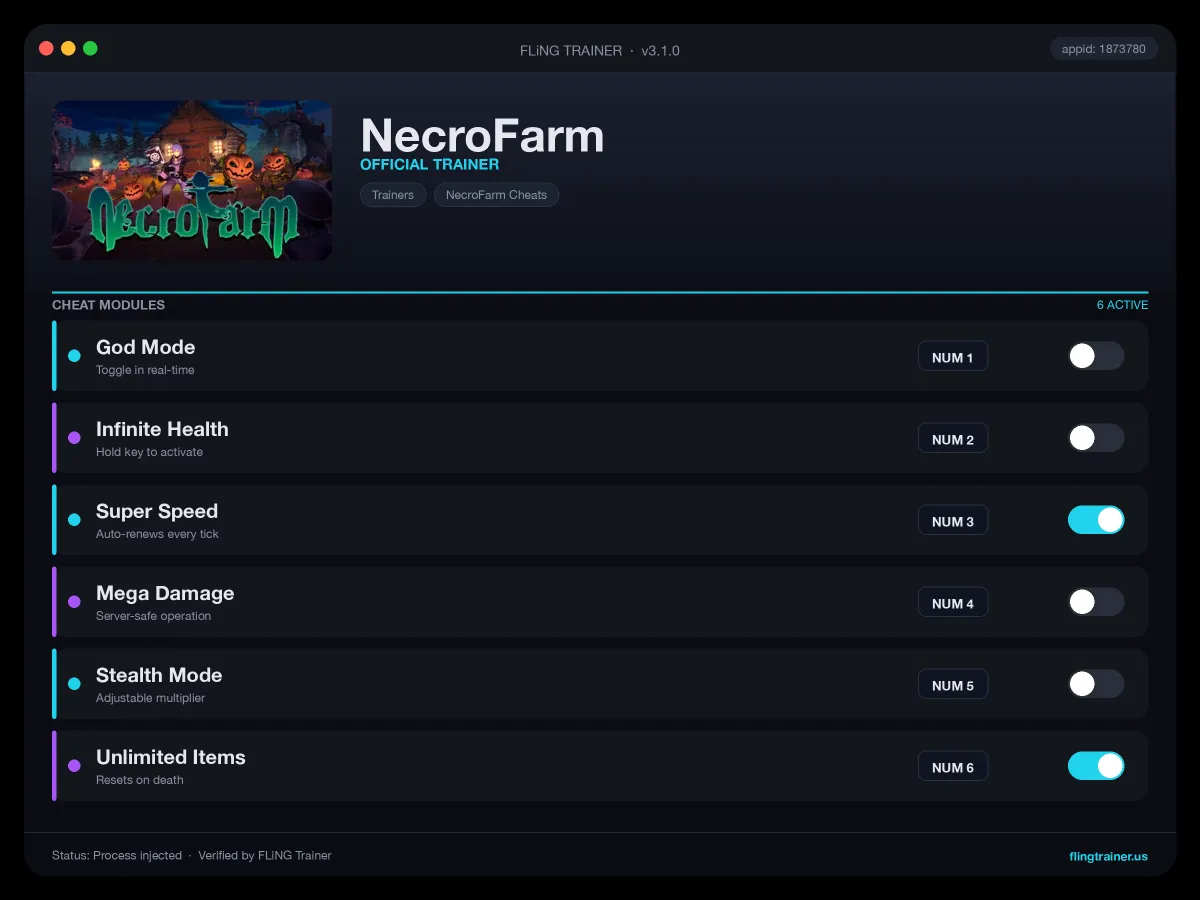 NecroFarm Trainer interface