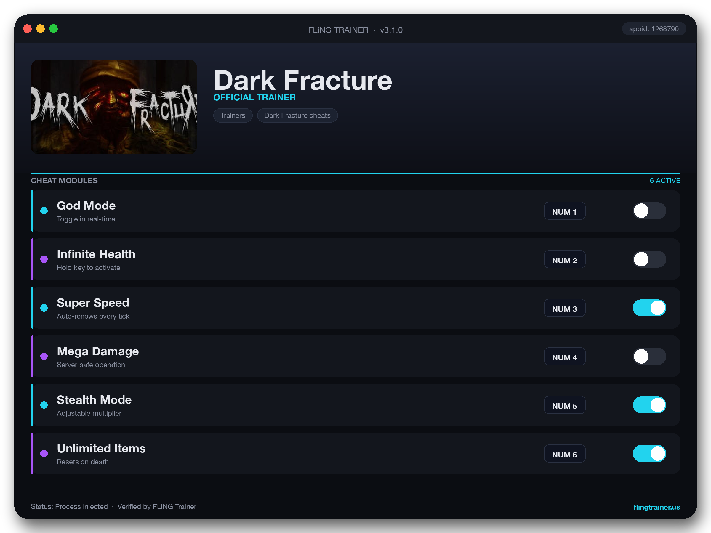 Dark Fracture Trainer interface