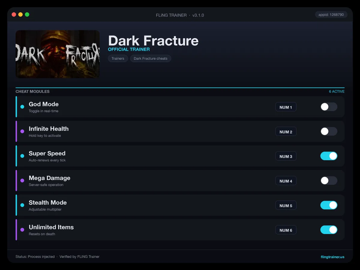 Dark Fracture Trainer interface