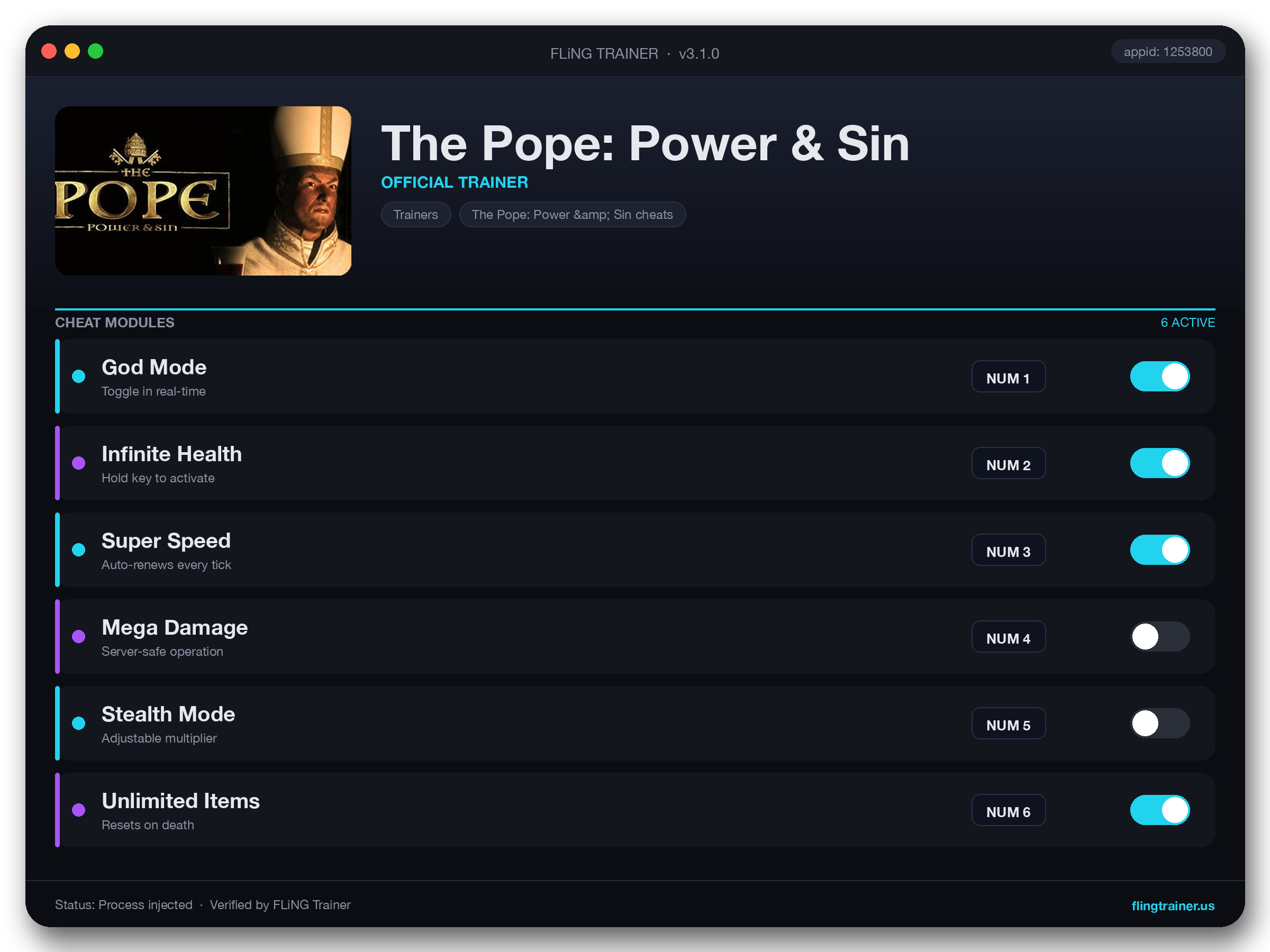 The Pope: Power & Sin Trainer interface