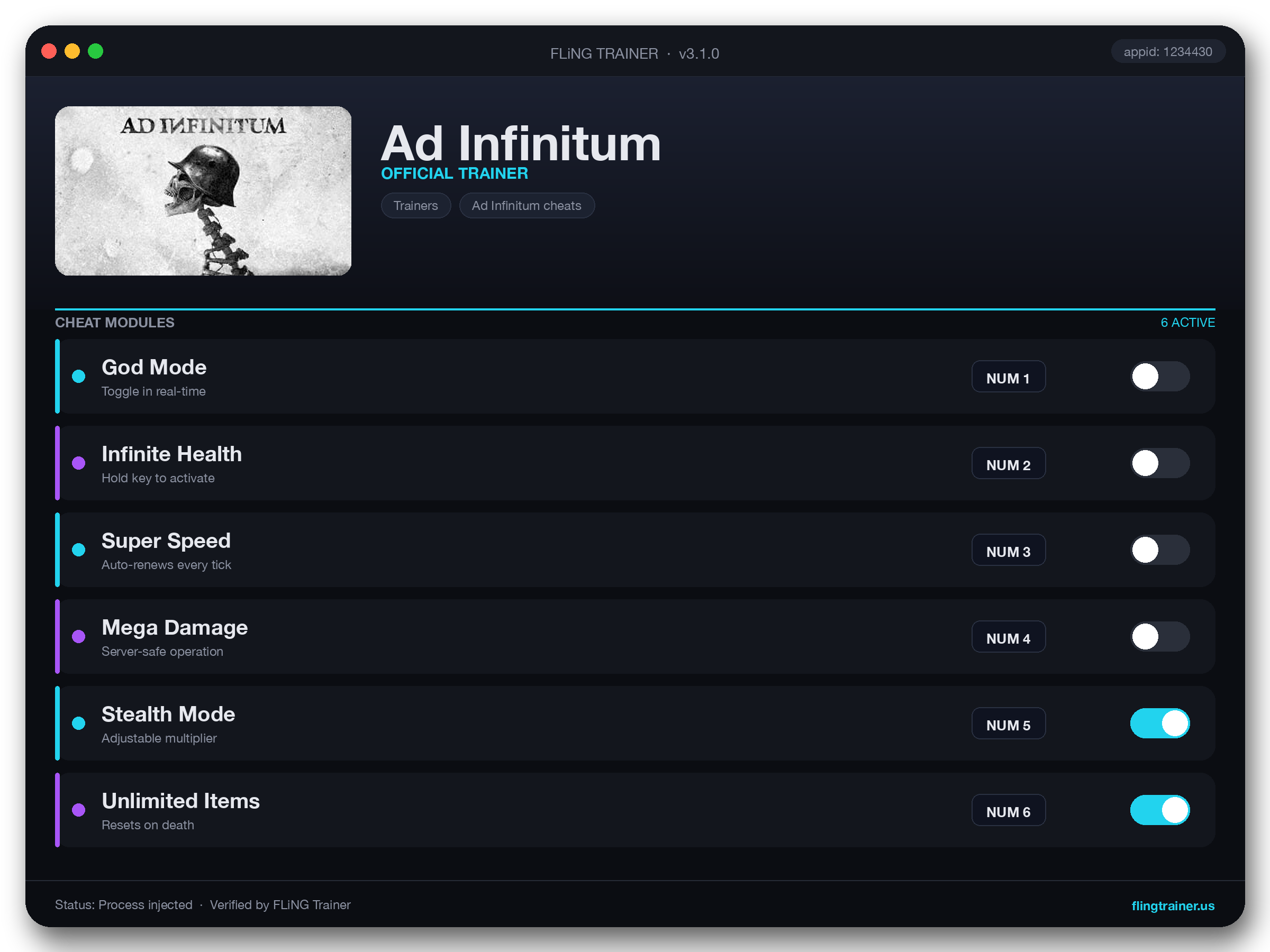 Ad Infinitum Trainer interface