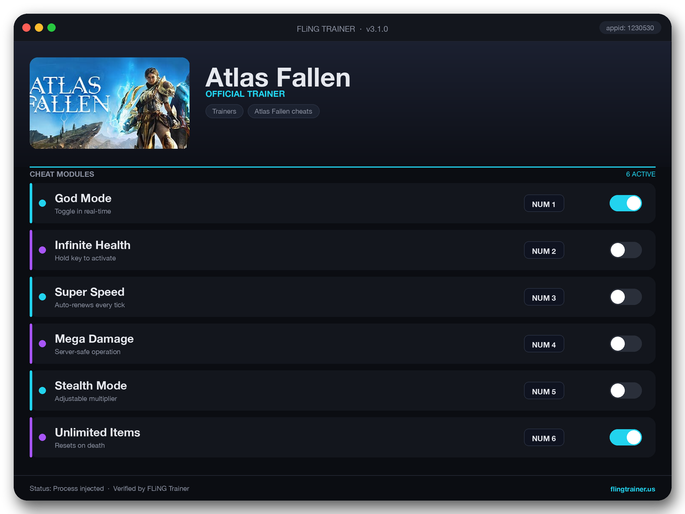 Atlas Fallen Trainer interface