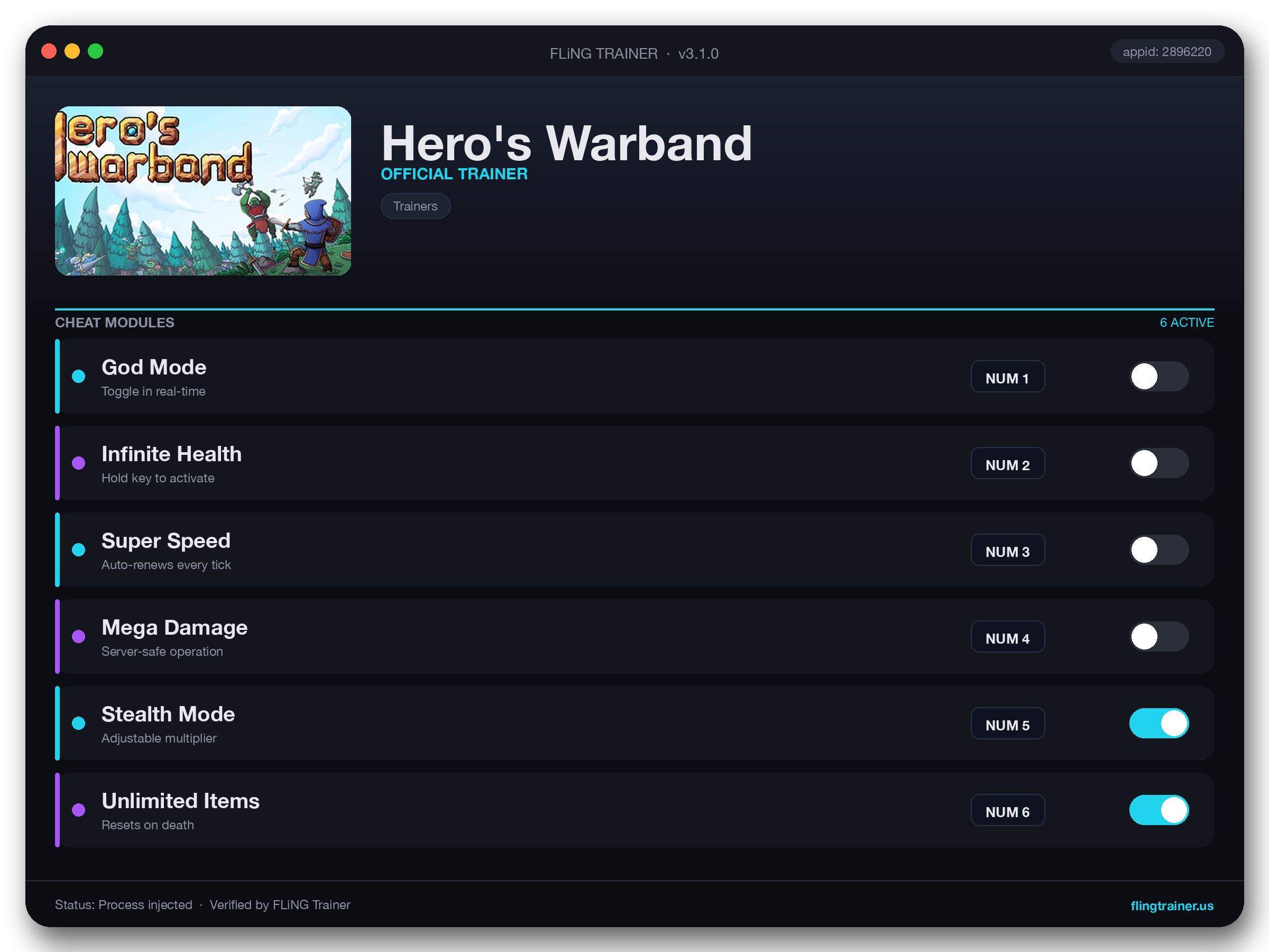 Hero's Warband Trainer interface