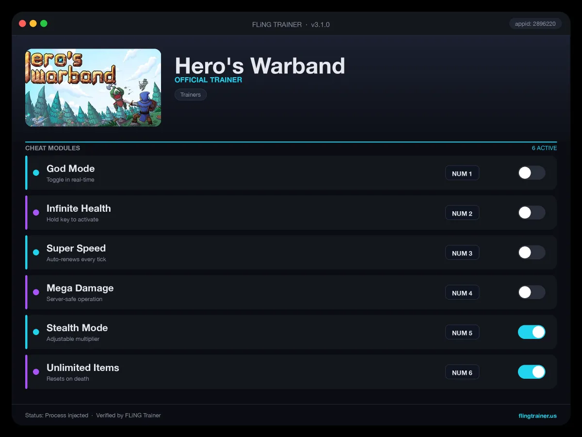 Hero's Warband Trainer interface