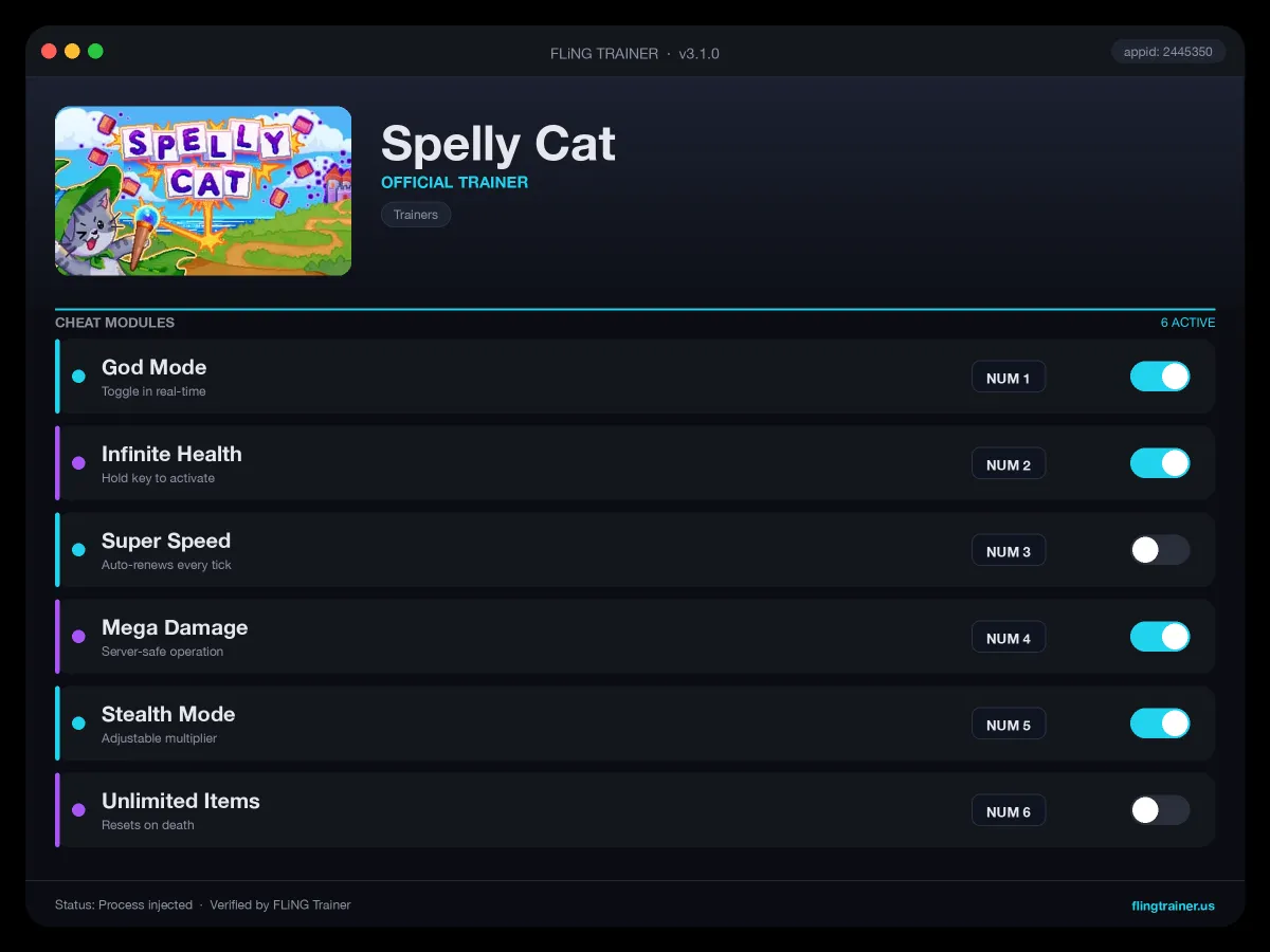 Spelly Cat Trainer interface