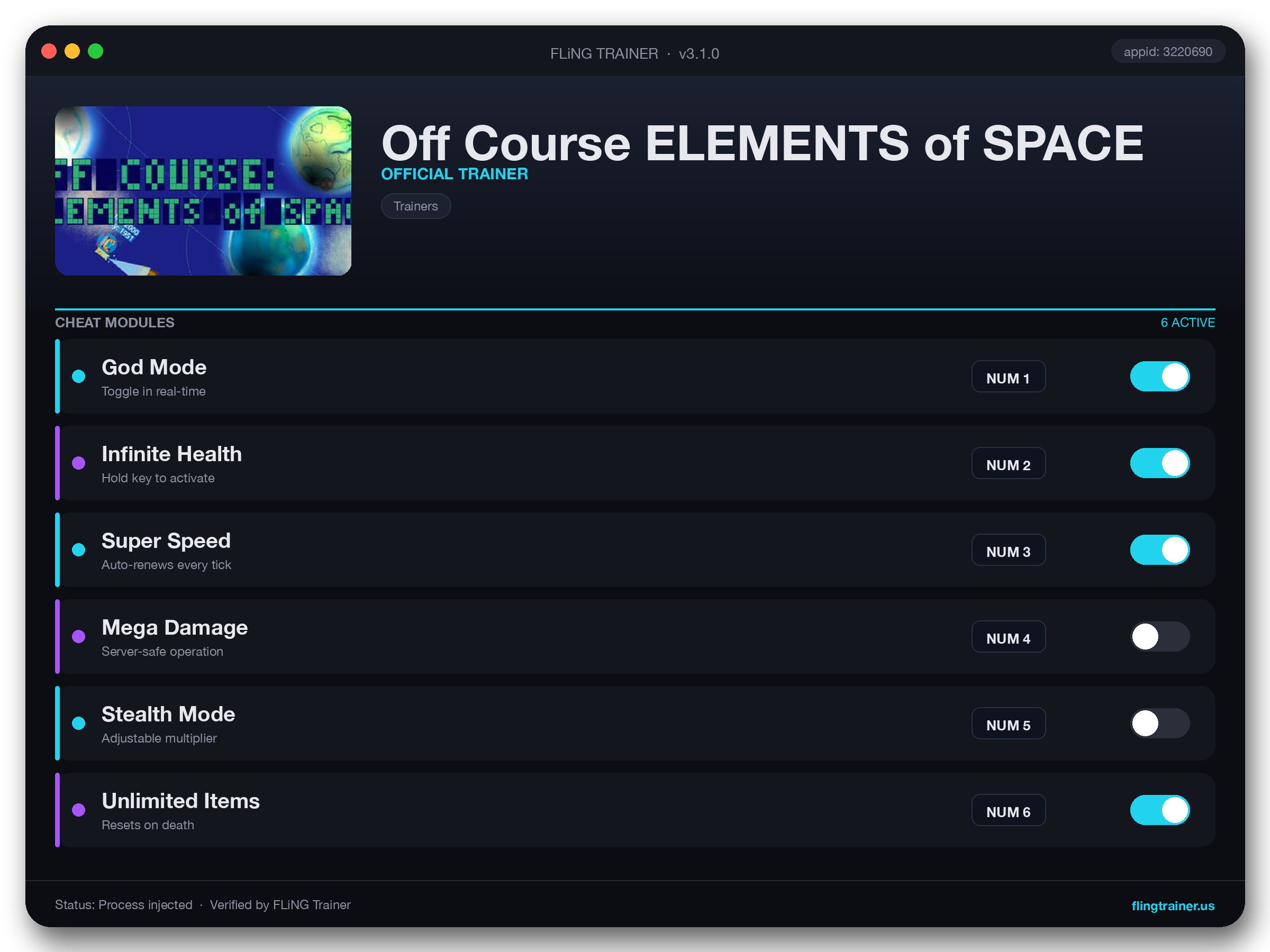 Off Course ELEMENTS of SPACE Trainer interface