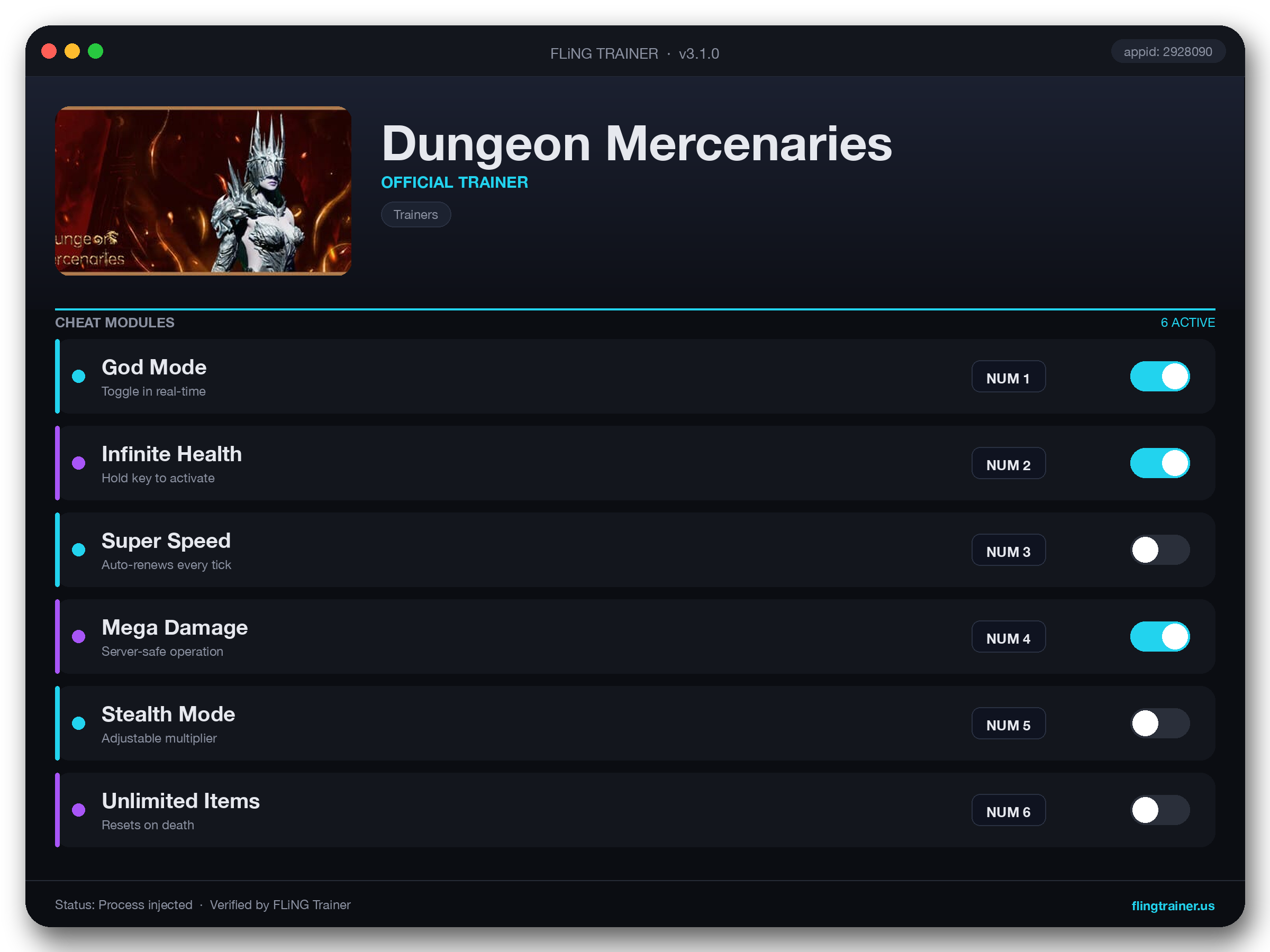 Dungeon Mercenaries Trainer interface