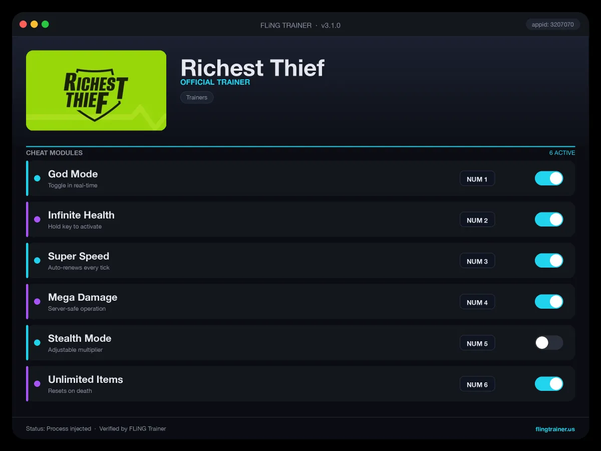 Richest Thief Trainer interface