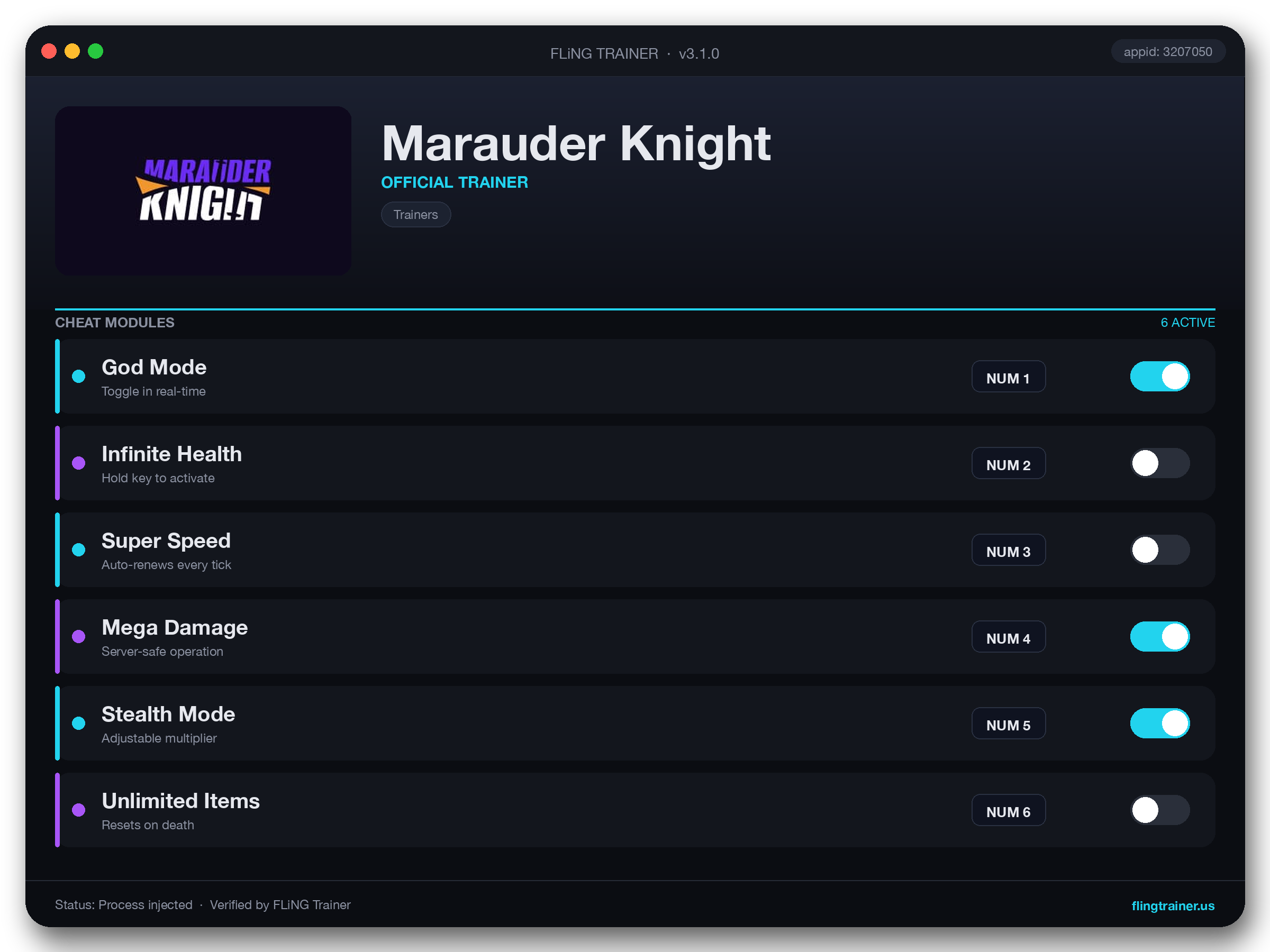 Marauder Knight Trainer interface