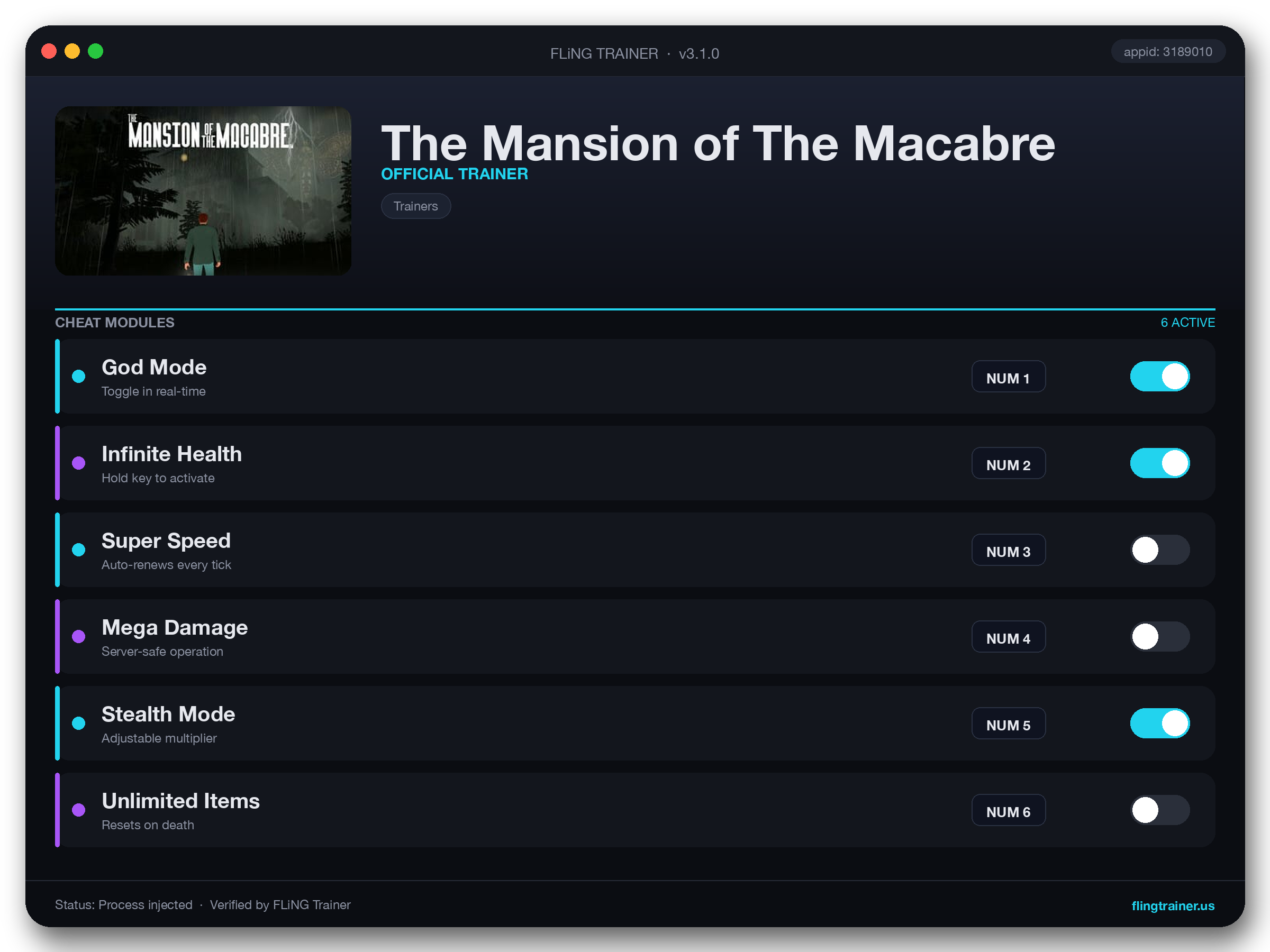 The Mansion of The Macabre Trainer interface
