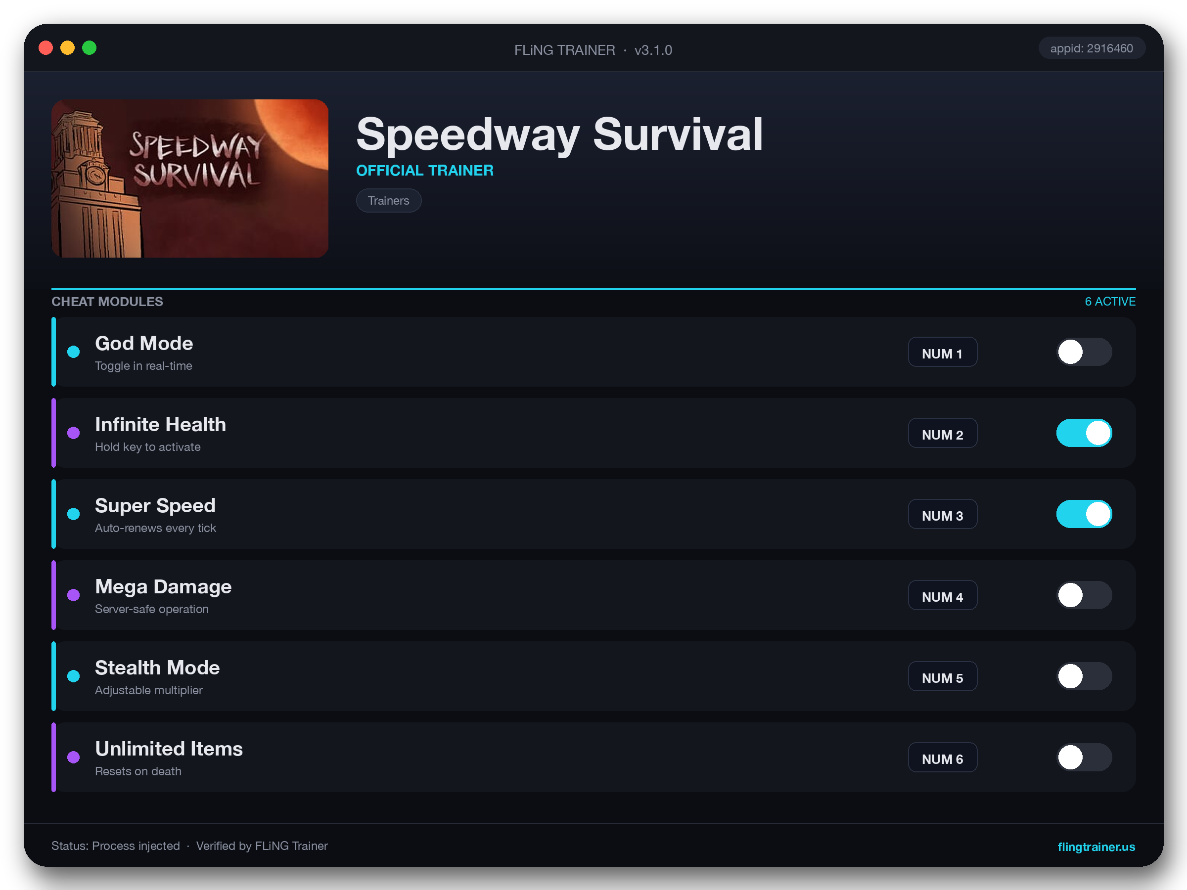 Speedway Survival Trainer interface