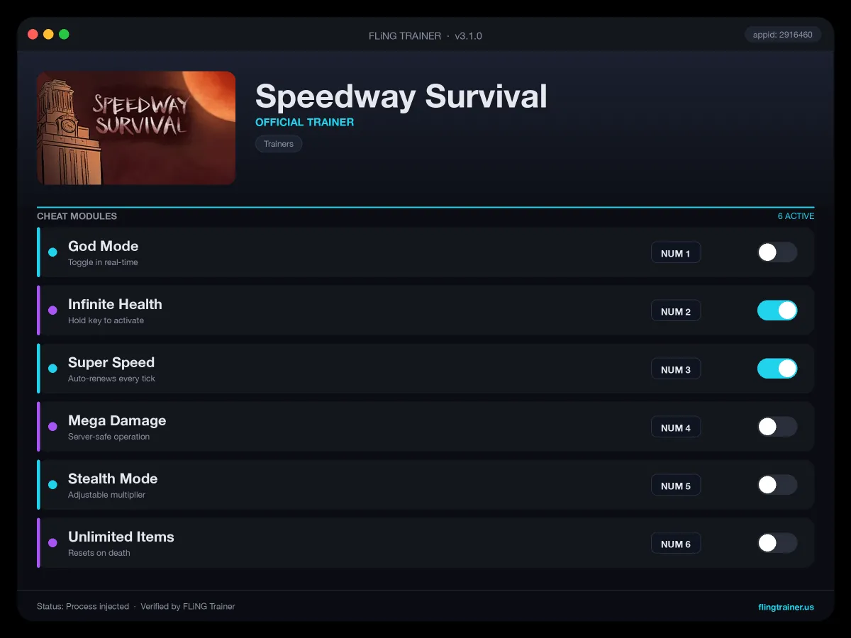 Speedway Survival Trainer interface