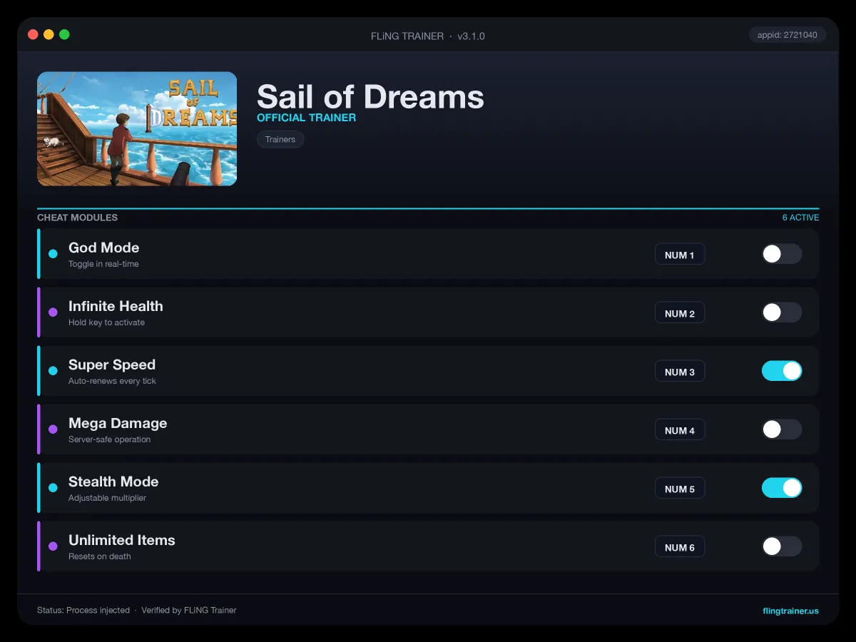 Sail of Dreams Trainer interface