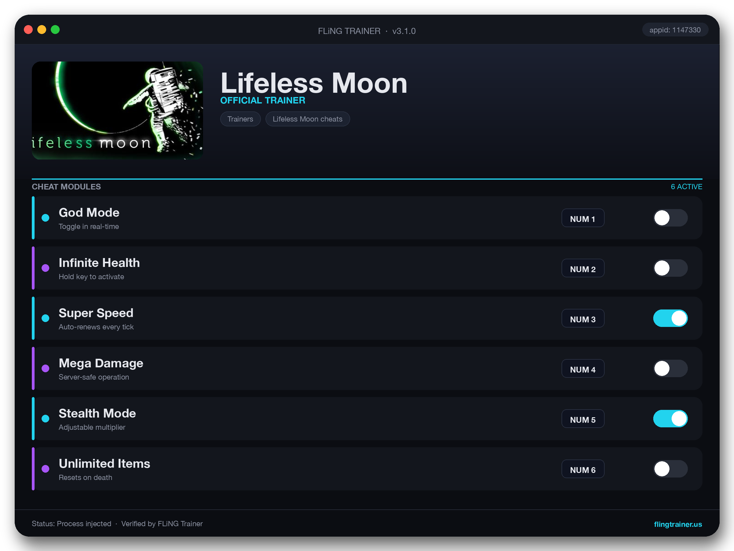 Lifeless Moon Trainer interface