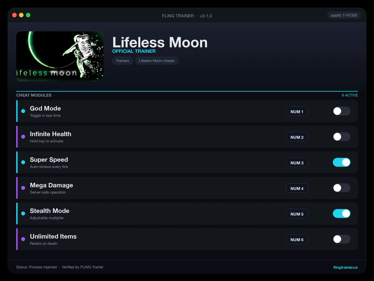Lifeless Moon Trainer interface