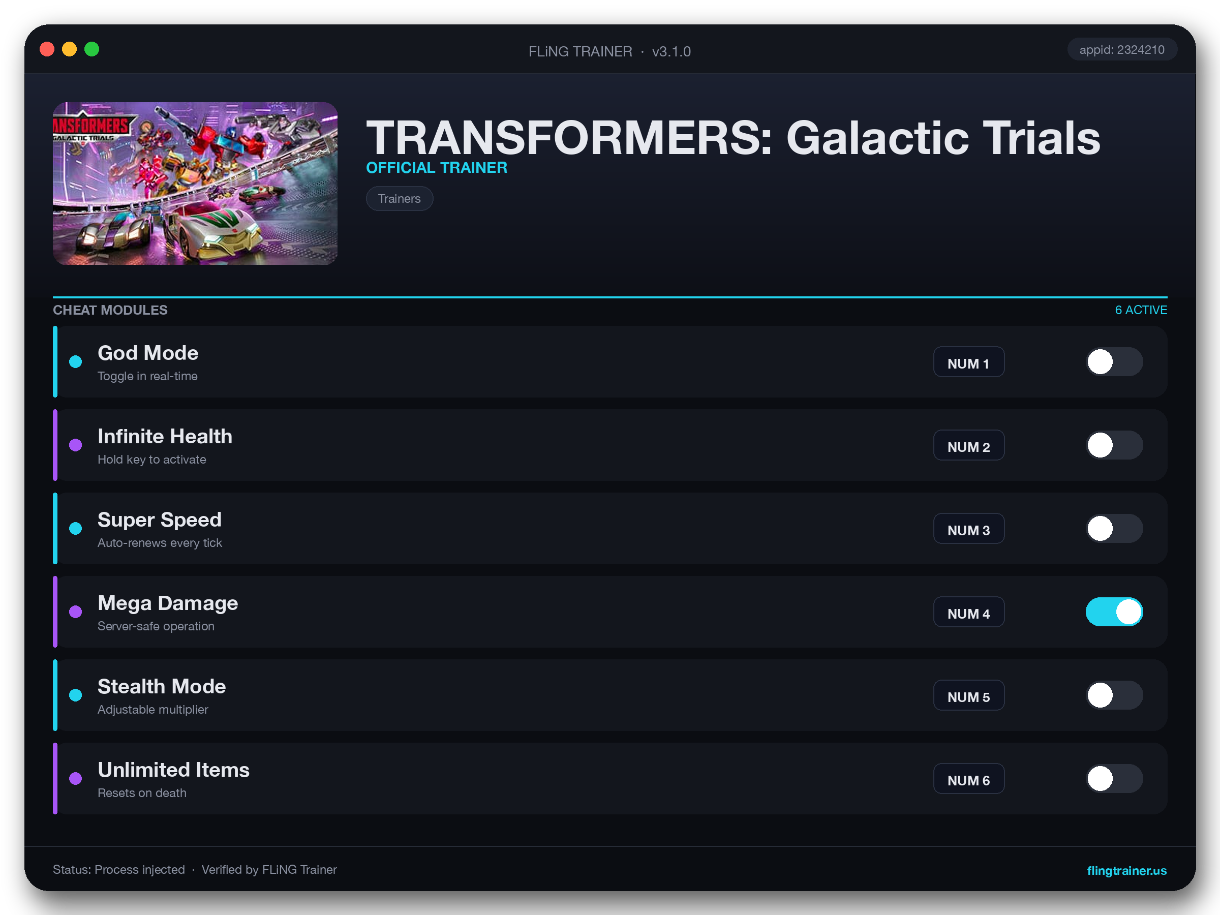TRANSFORMERS: Galactic Trials Trainer interface