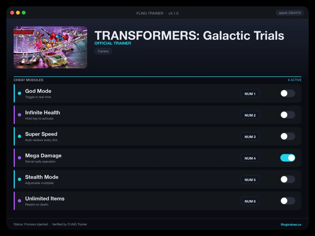 TRANSFORMERS: Galactic Trials Trainer interface