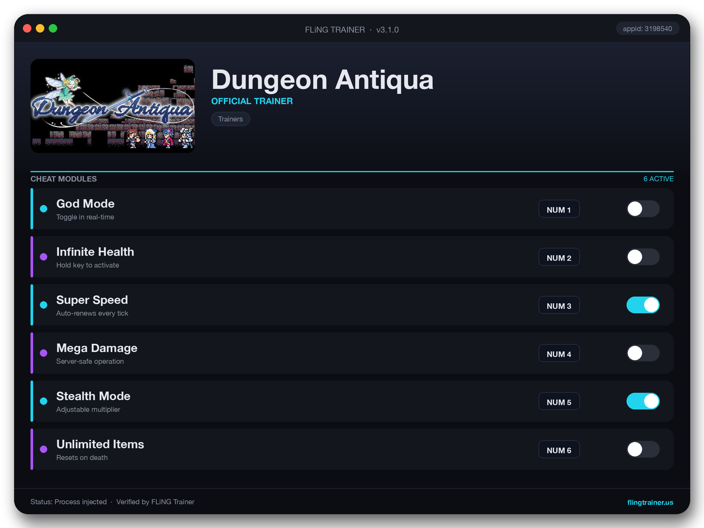 Dungeon Antiqua Trainer interface