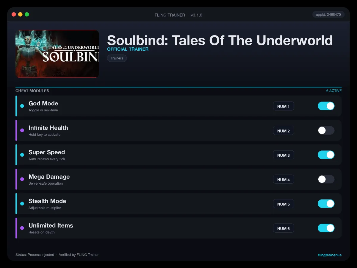 Soulbind: Tales Of The Underworld Trainer interface