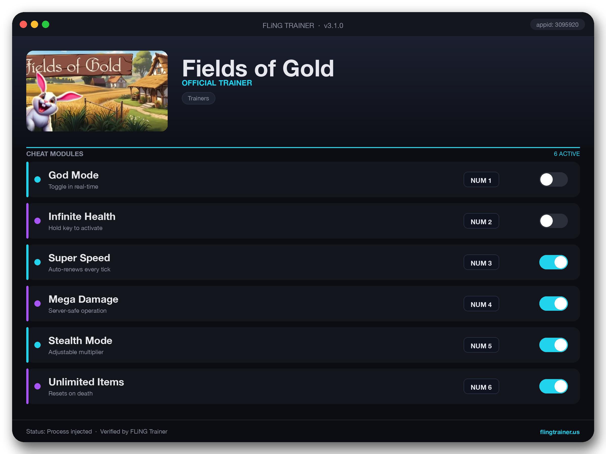 Fields of Gold Trainer interface