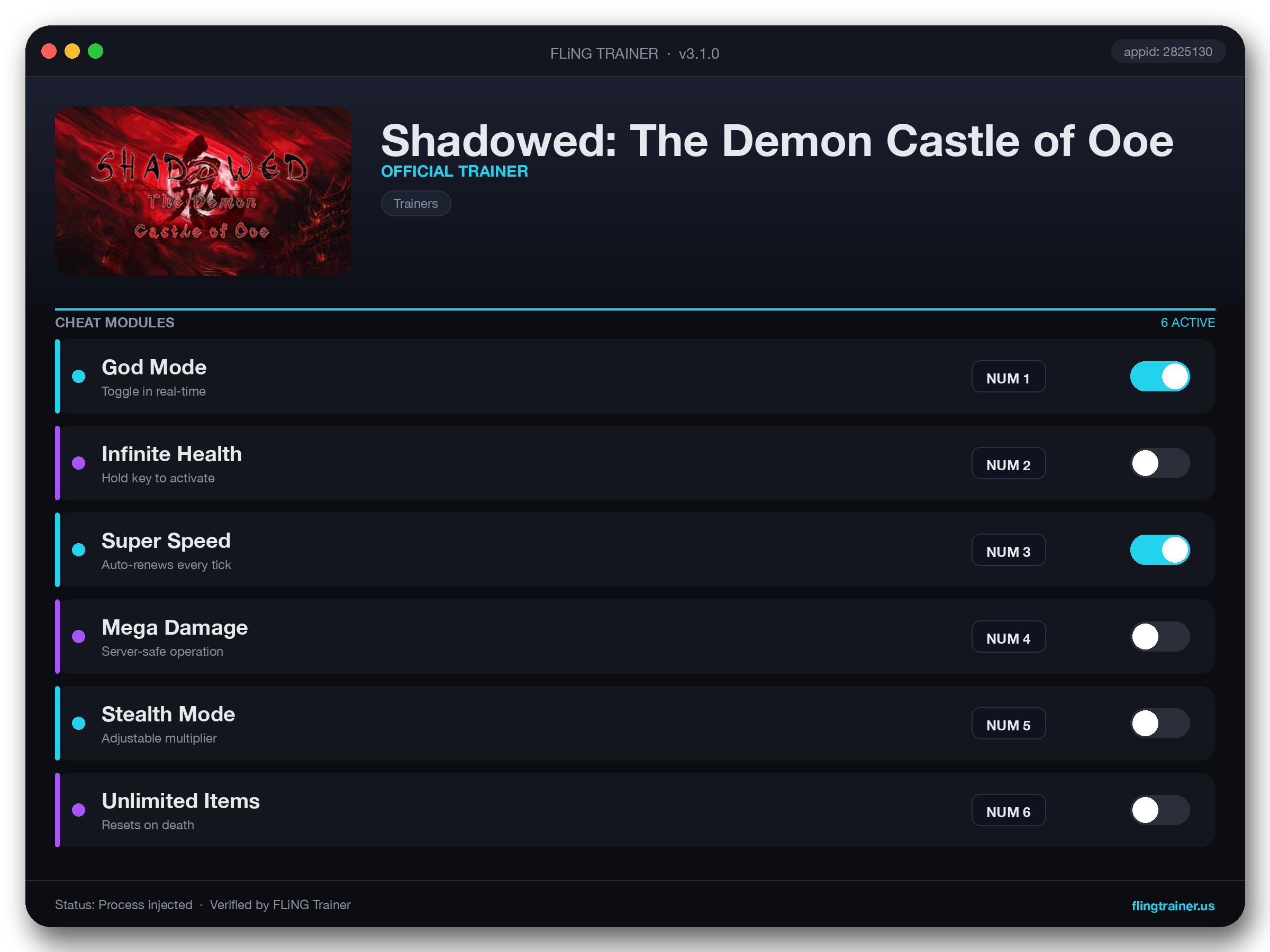 Shadowed: The Demon Castle of Ooe Trainer interface