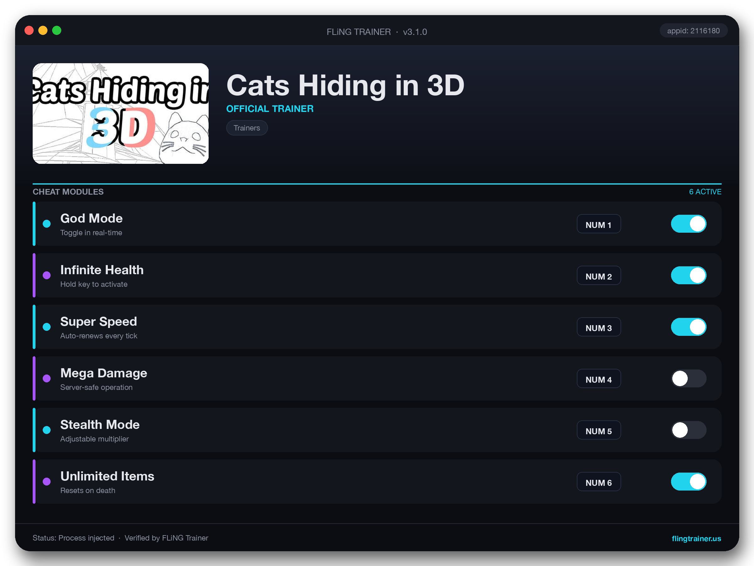 Cats Hiding in 3D Trainer interface