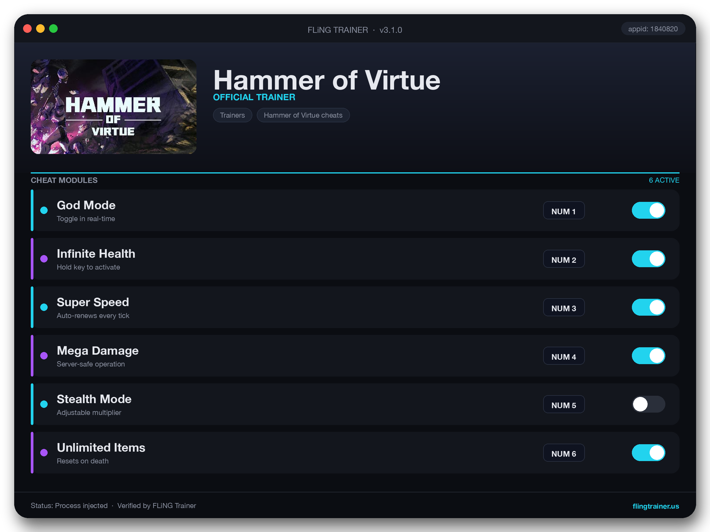 Hammer of Virtue Trainer interface