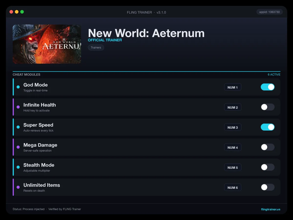 New World: Aeternum Trainer interface