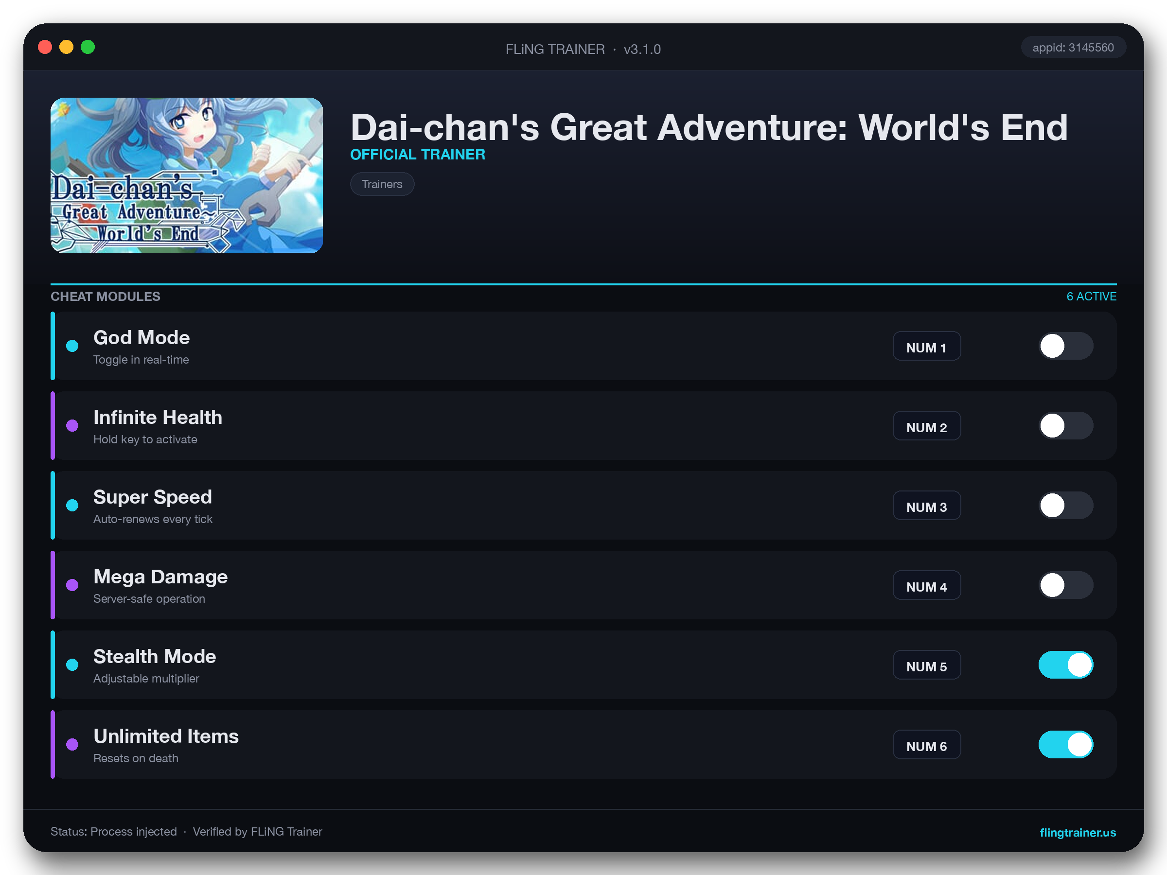 Dai-chan's Great Adventure: World's End Trainer interface