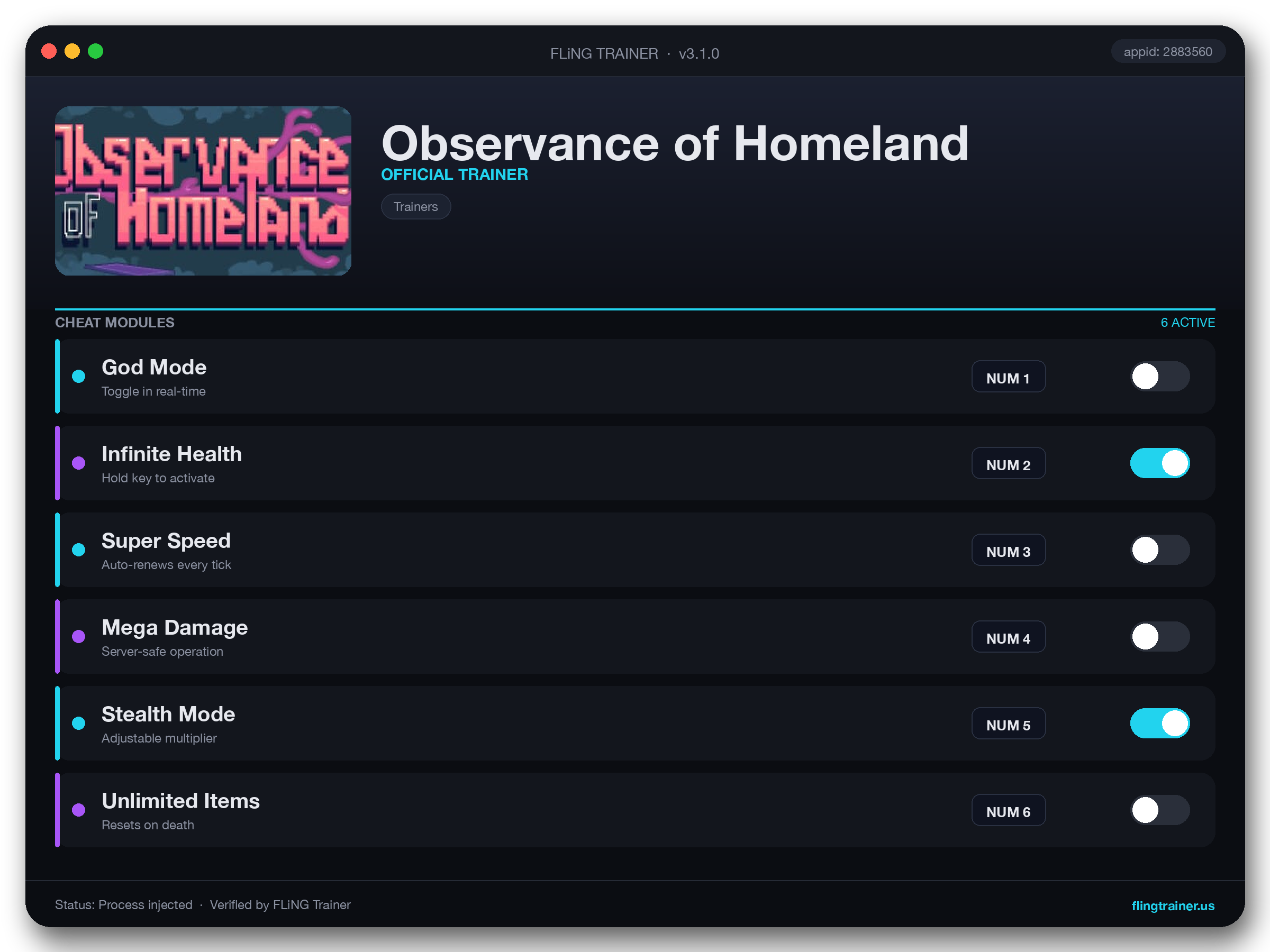 Observance of Homeland Trainer interface
