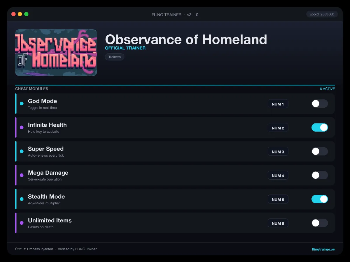 Observance of Homeland Trainer interface