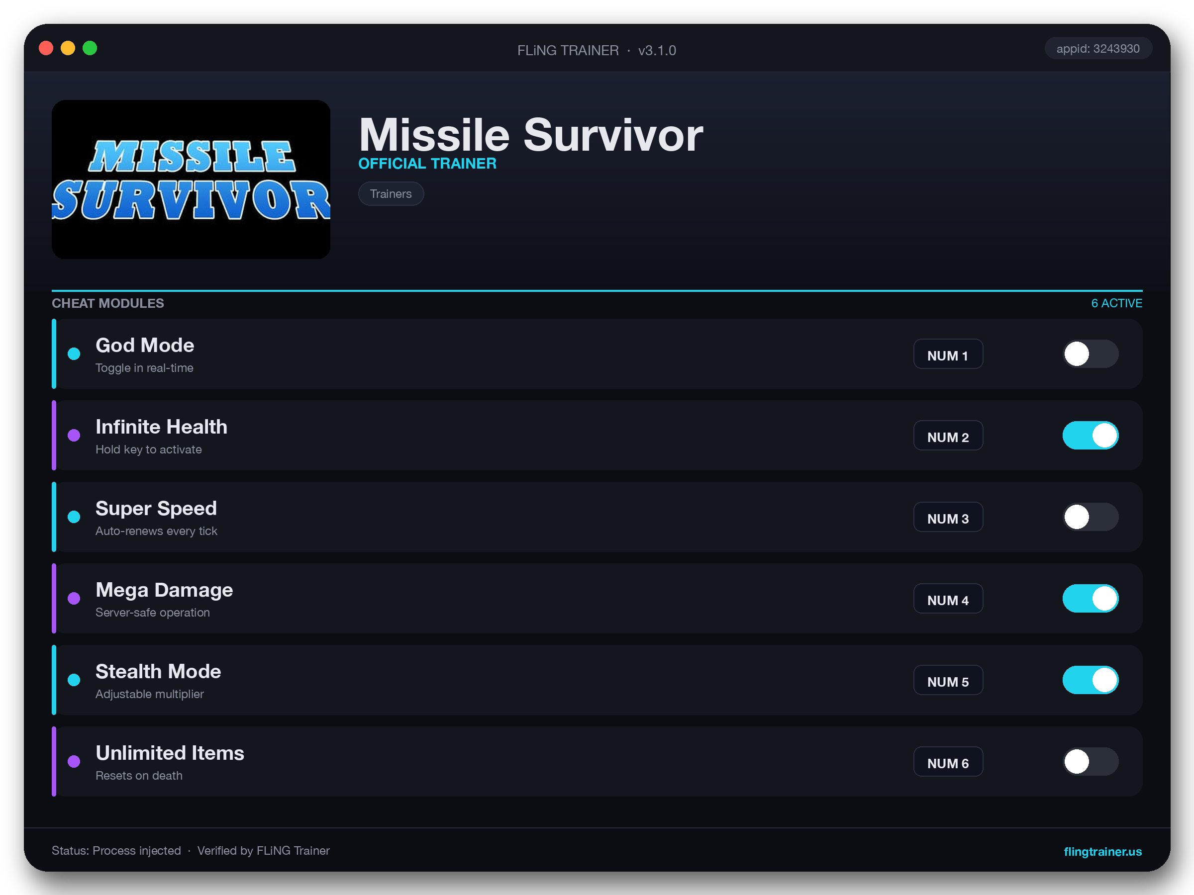 Missile Survivor Trainer interface