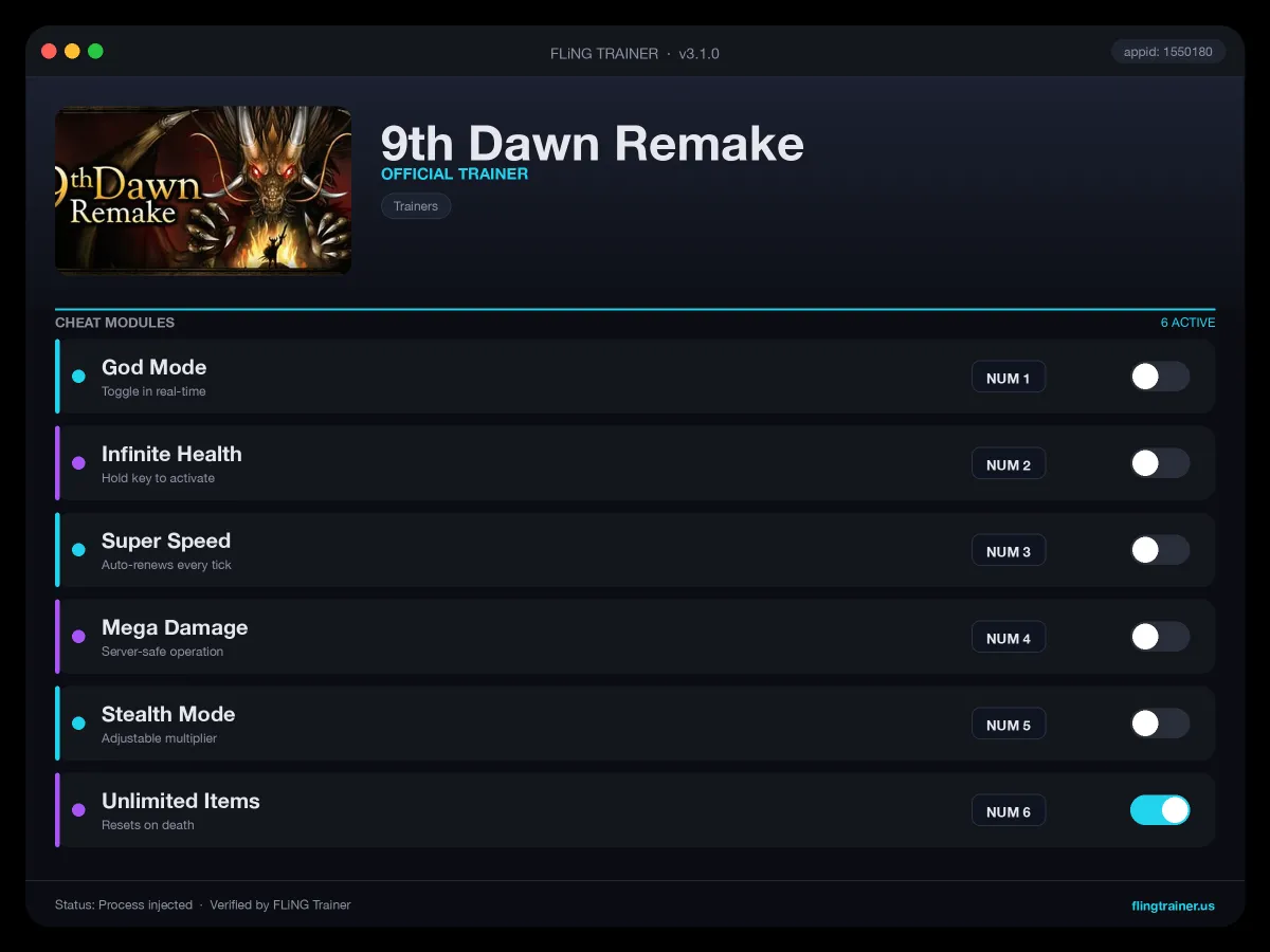 9th Dawn Remake Trainer interface