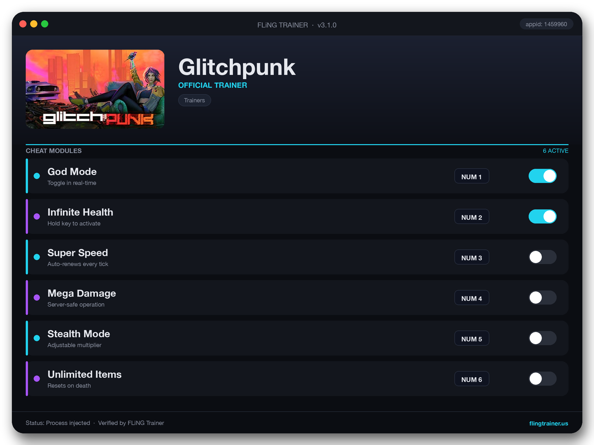 Glitchpunk Trainer interface
