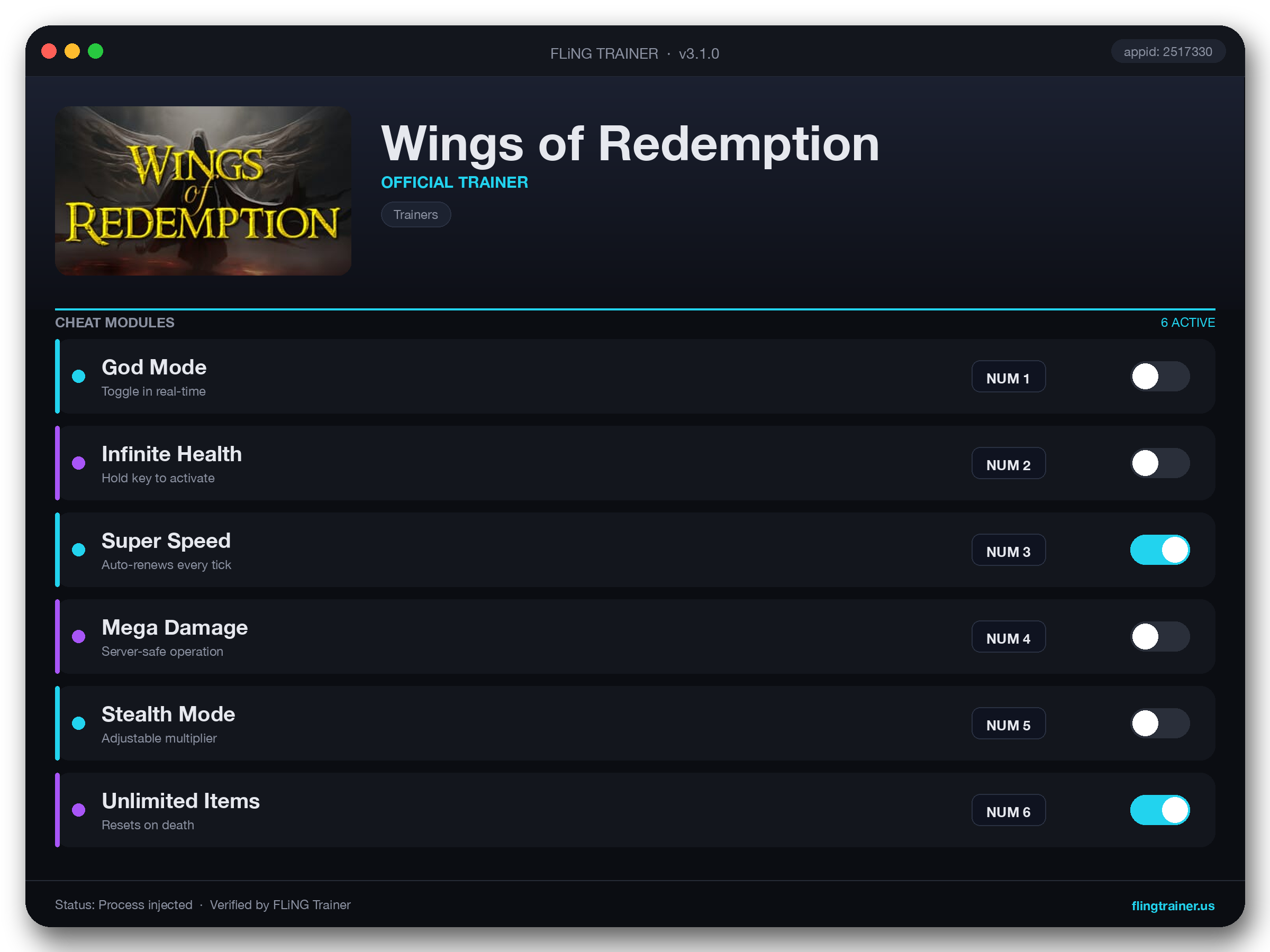 Wings of Redemption Trainer interface