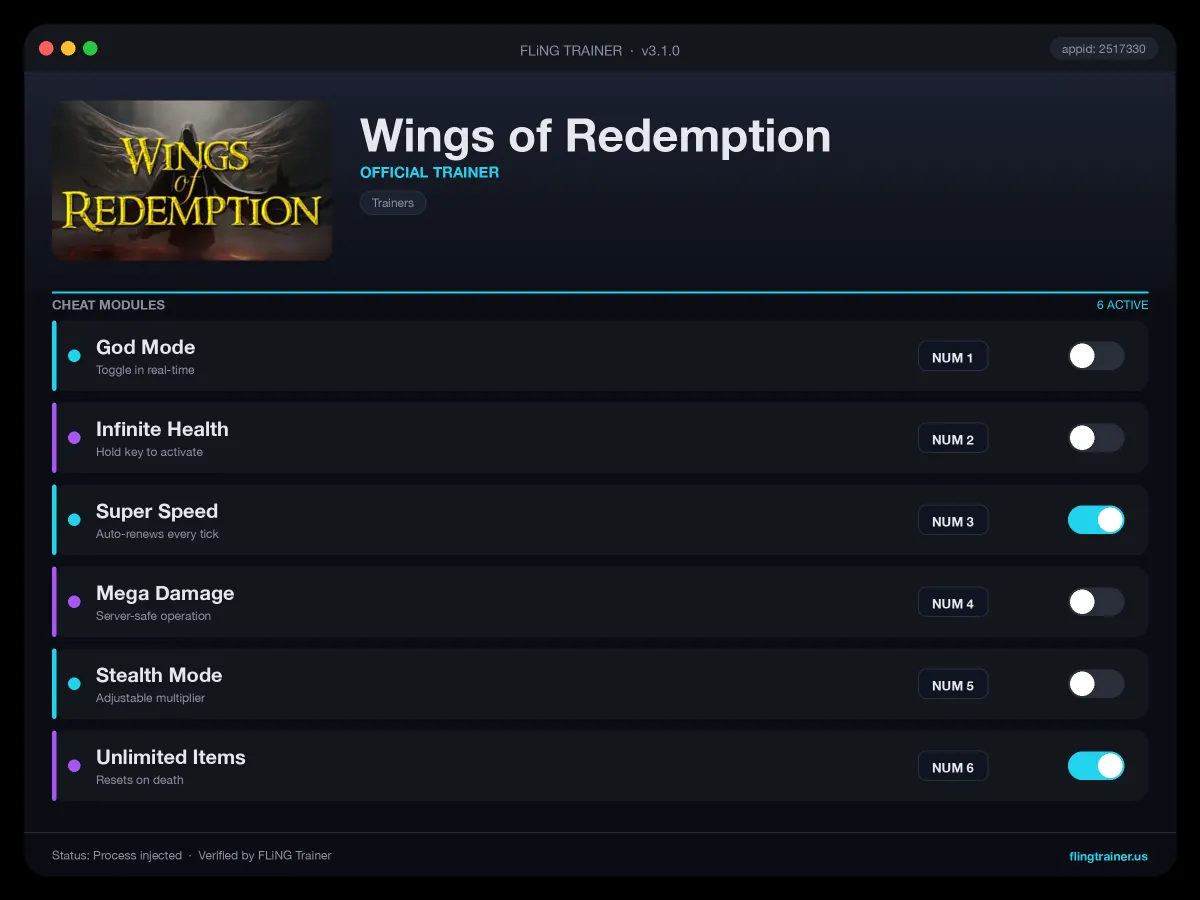 Wings of Redemption Trainer interface